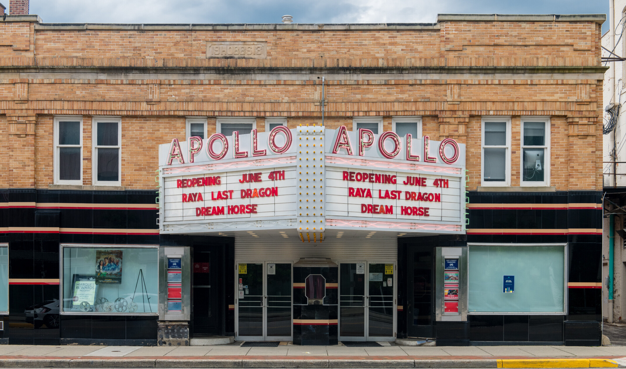 Vintage marquee of the apollo theater in Cleveland, reopening of historic preservation saved the community asset