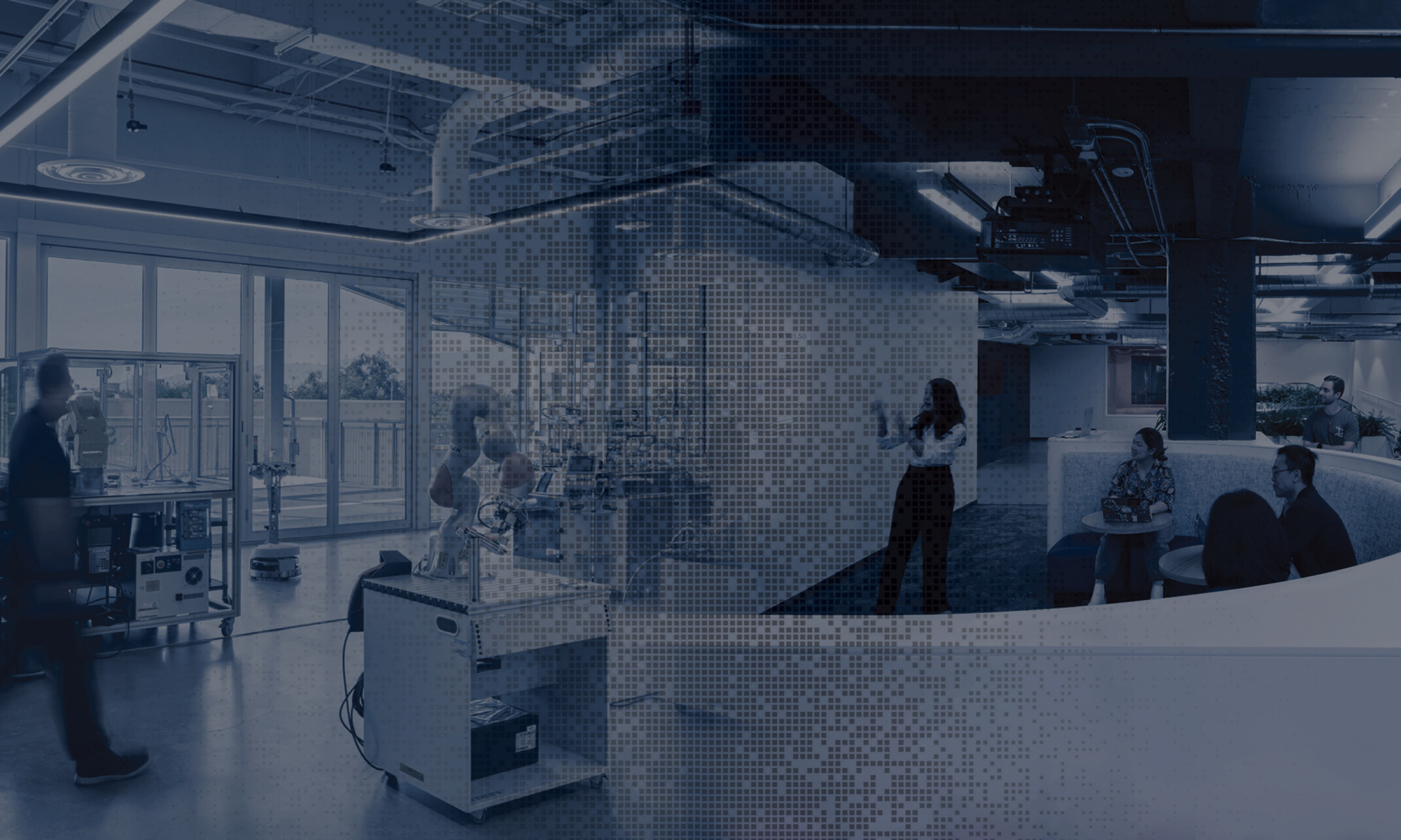 A composite-style image showing a laboratory workspace on the left, with equipment and people working near large windows, all overlaid with a blue pixelated pattern
