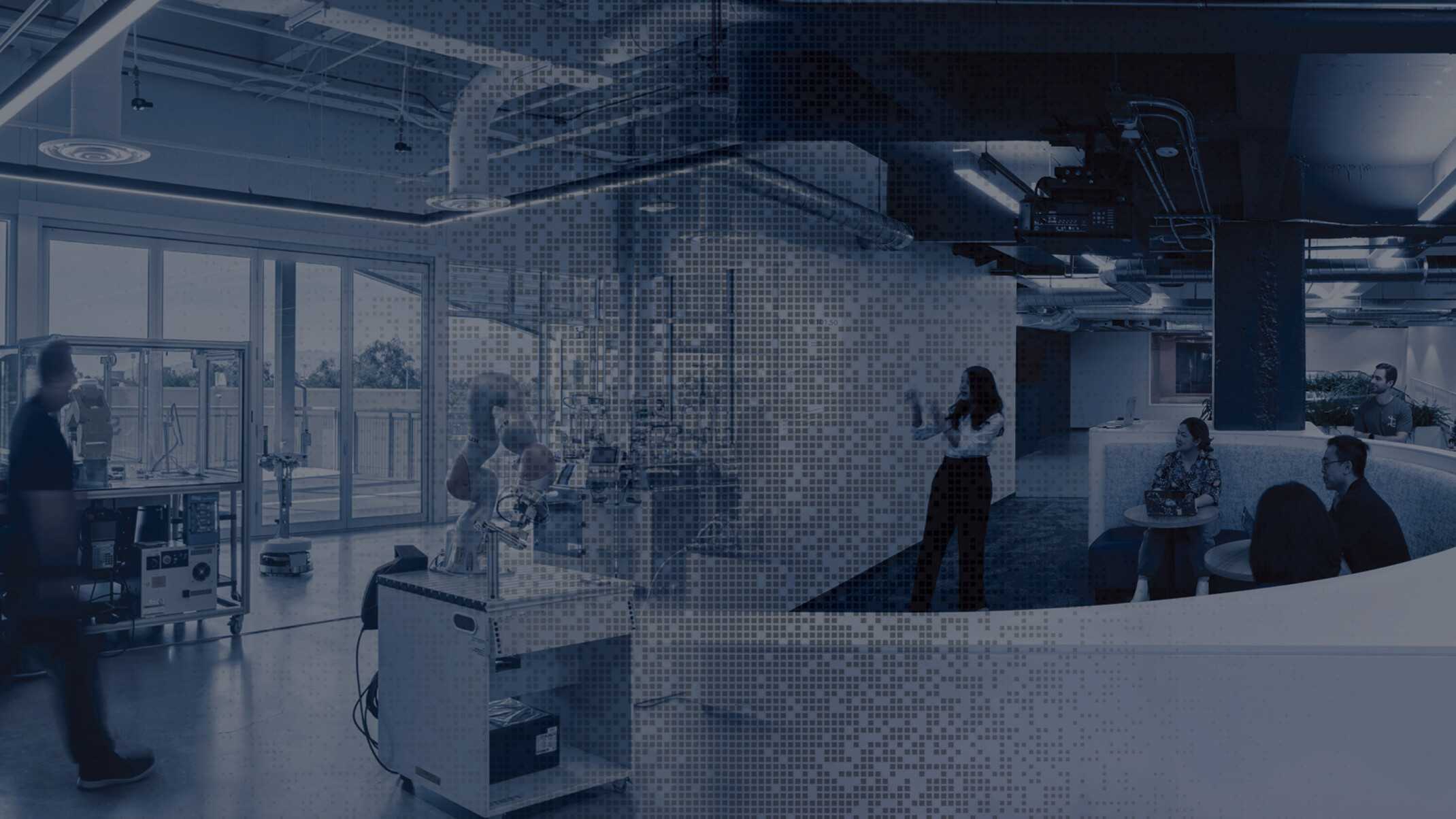A composite-style image showing a laboratory workspace on the left, with equipment and people working near large windows, all overlaid with a blue pixelated pattern