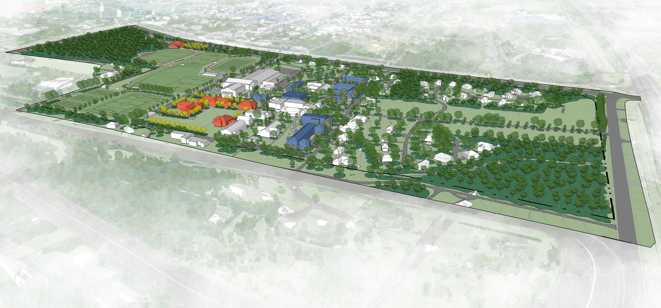 Rendering of a high school campus showing blue, red, and white buildings with trees, football and baseball fields.