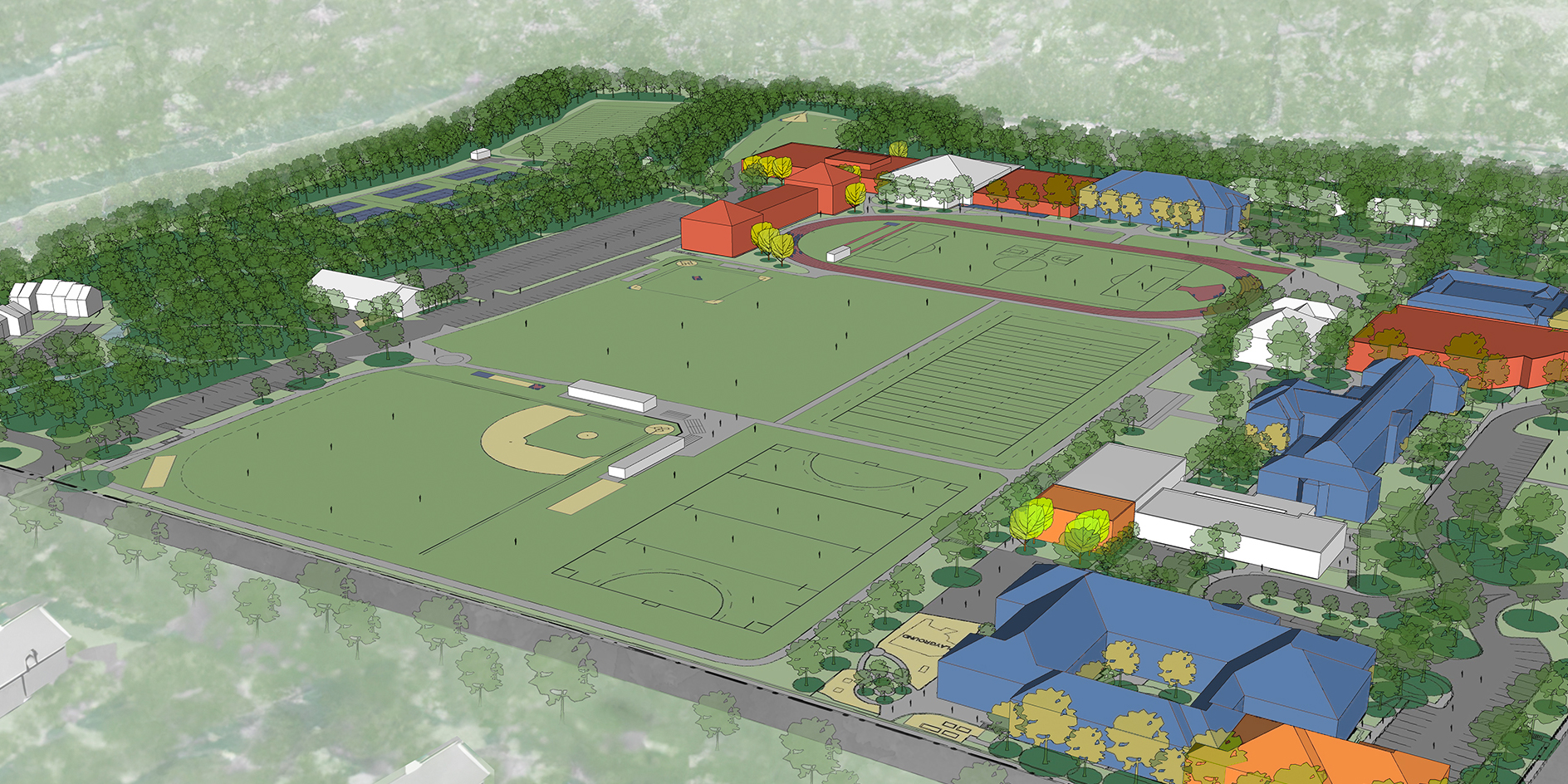 Rendering of a school campus showing buildings in blue in red, with sketched tress, baseball, soccer, and football fields