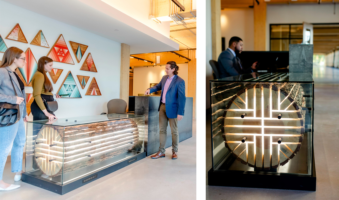 Collage photo of a modern desk with a log in a glass case filled with light