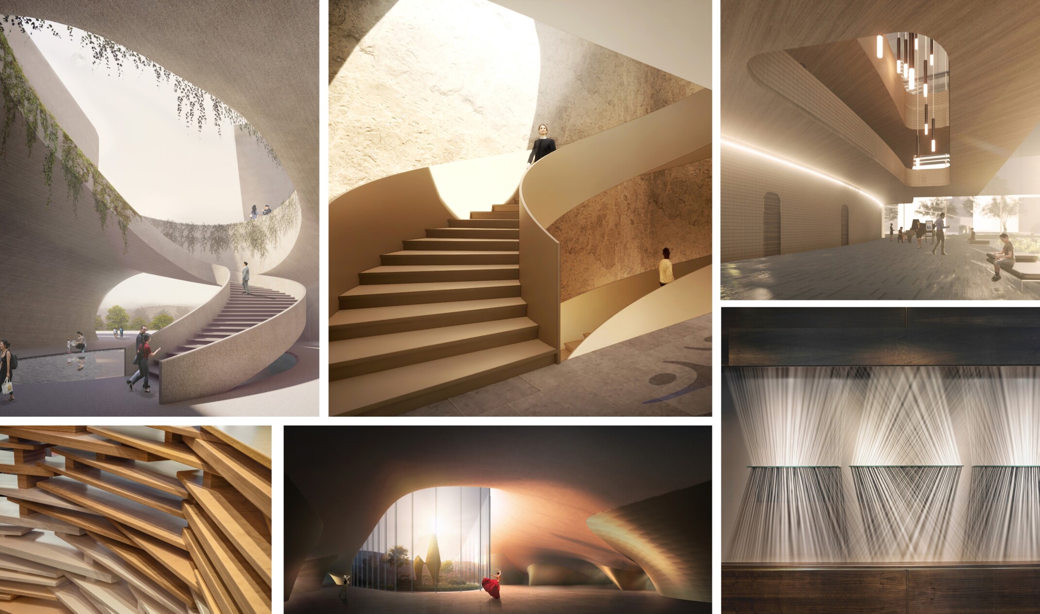 collage of pictures that make up neutral and natural design elements; stone, timber; mountains; light grays and metal elements for slow living design
