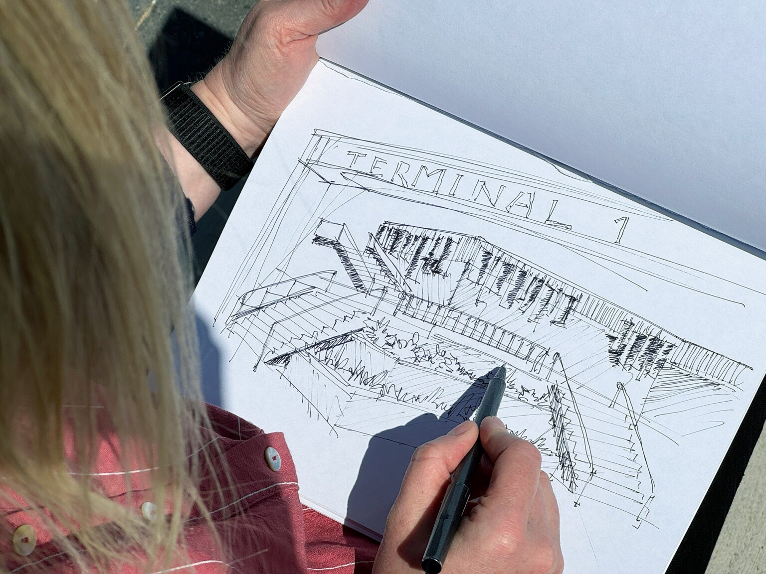 woman sketching Terminal 1 port of vancouver woman sketching Terminal 1 port of vancouver