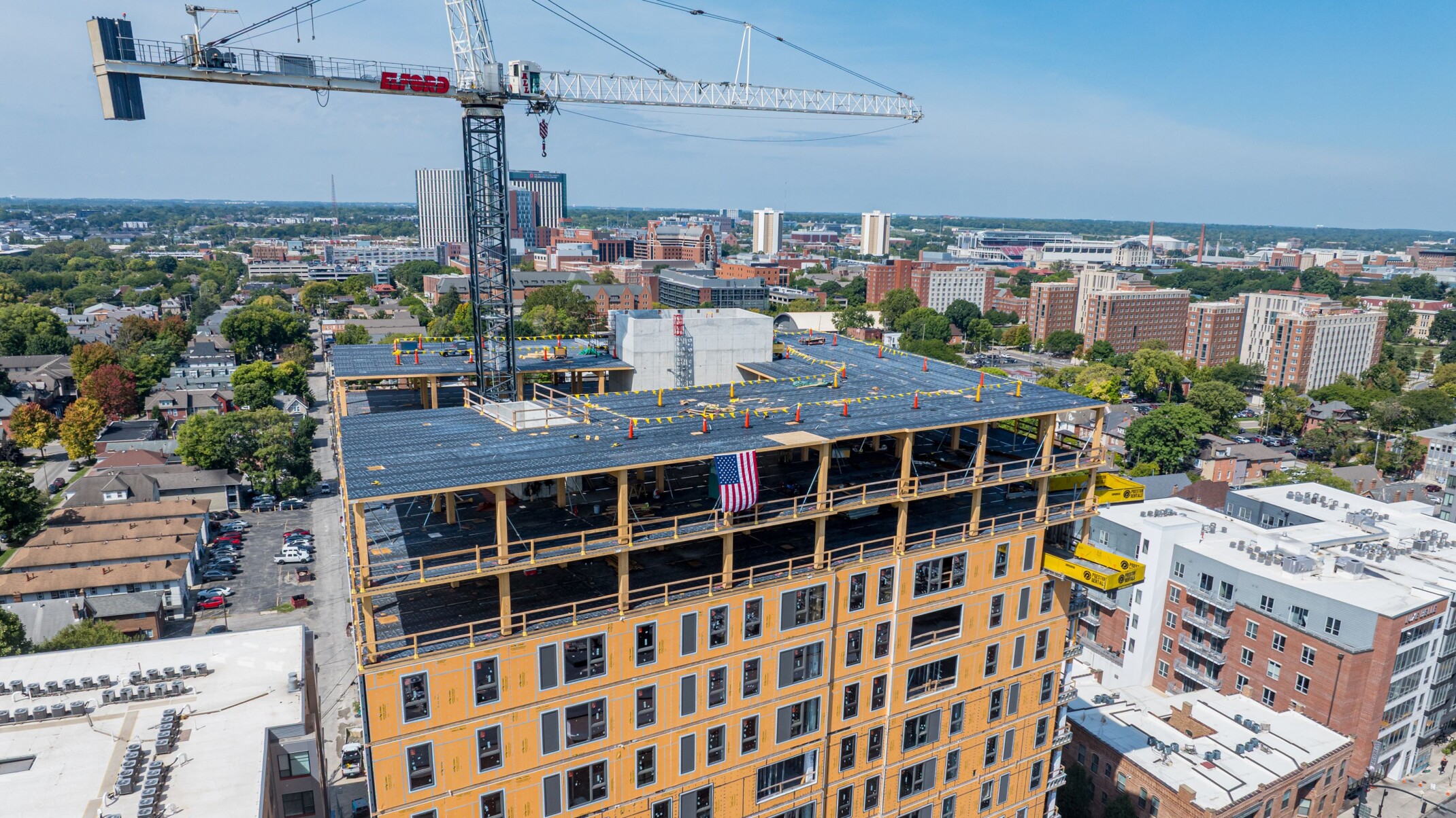 topping out aerial view at INTRO Columbus mass timber student housing building