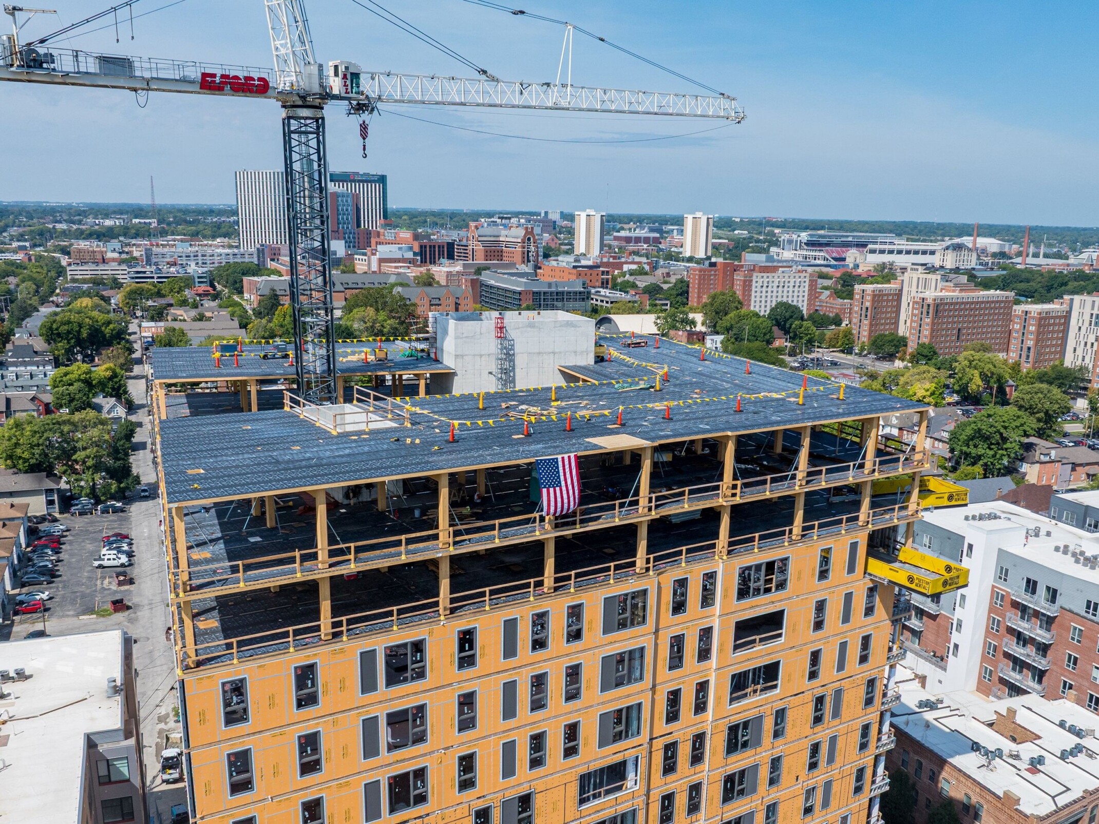 topping out aerial view at INTRO Columbus mass timber student housing building