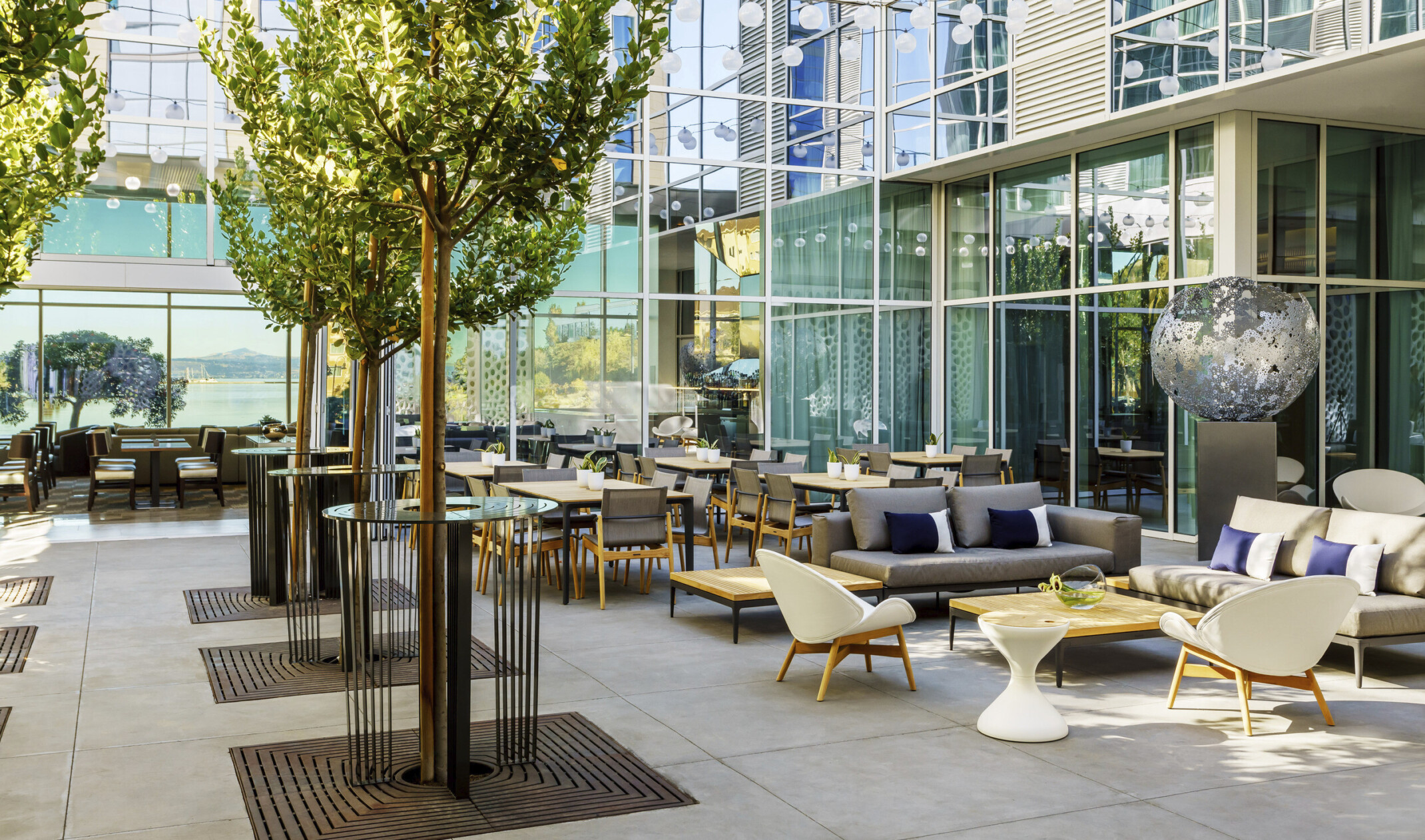 Outside courtyard seating area with trees and floor to ceiling window