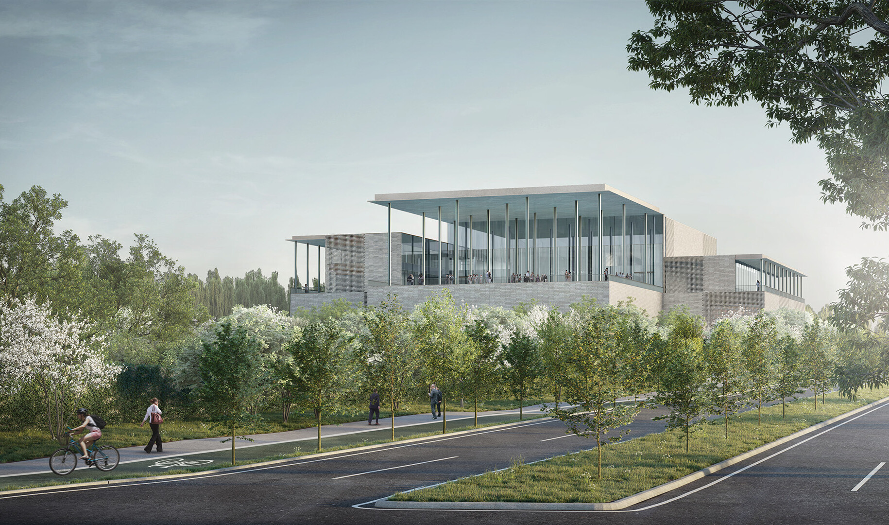 rendering of world's seventh ismaili center; a glass and stone building with a second level terrave overlooking a green park