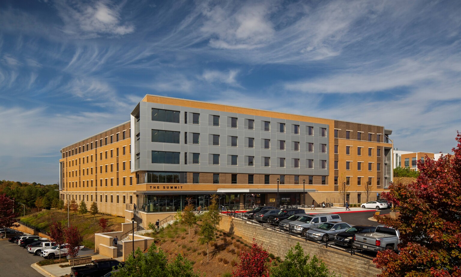 Exterior view of the Kennesaw University Summit Housing, multistory housing unit for healthcare