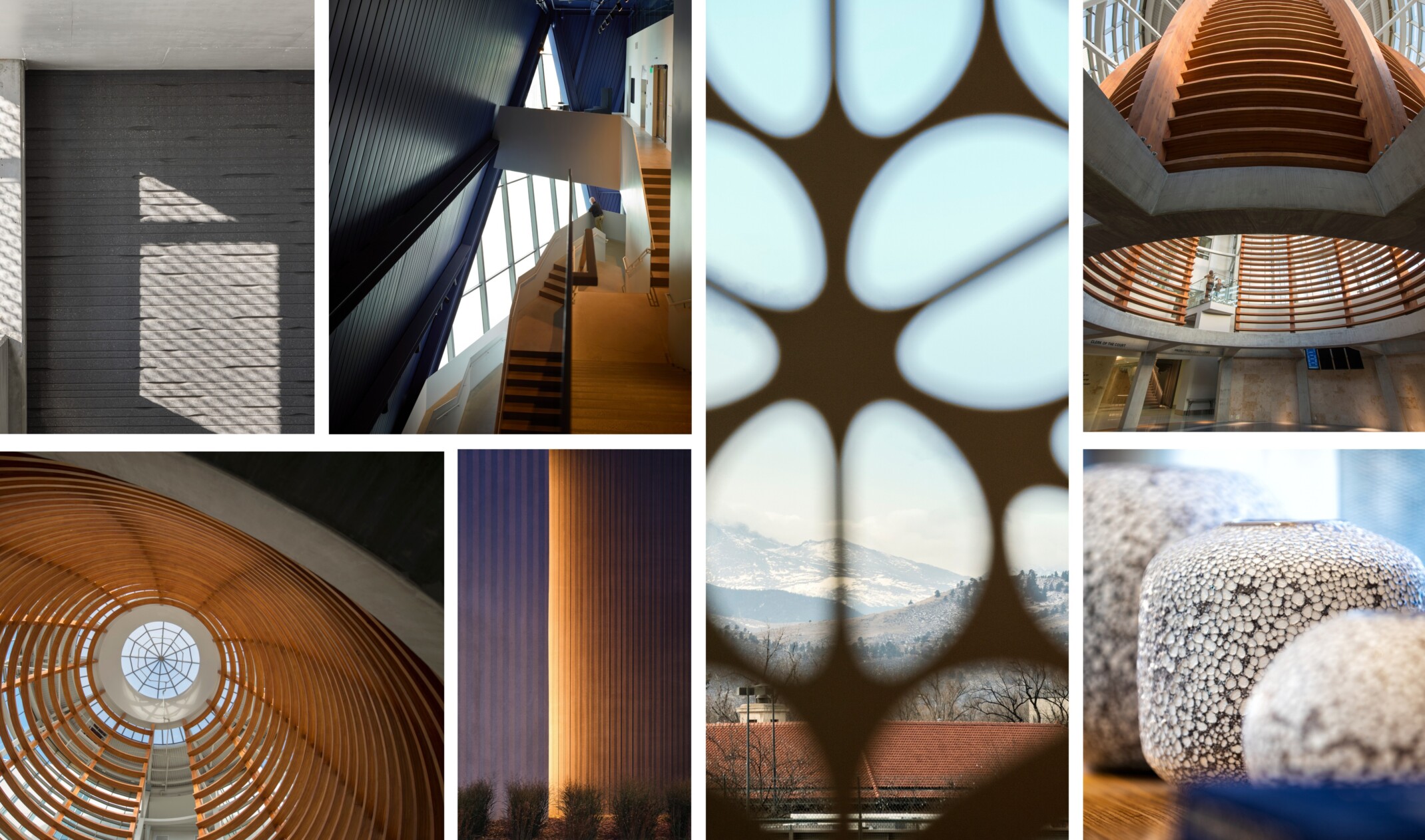 collage of seven pictures that make up neutral and natural design elements; stone, timber; mountains; light grays and metal elements for slow living design