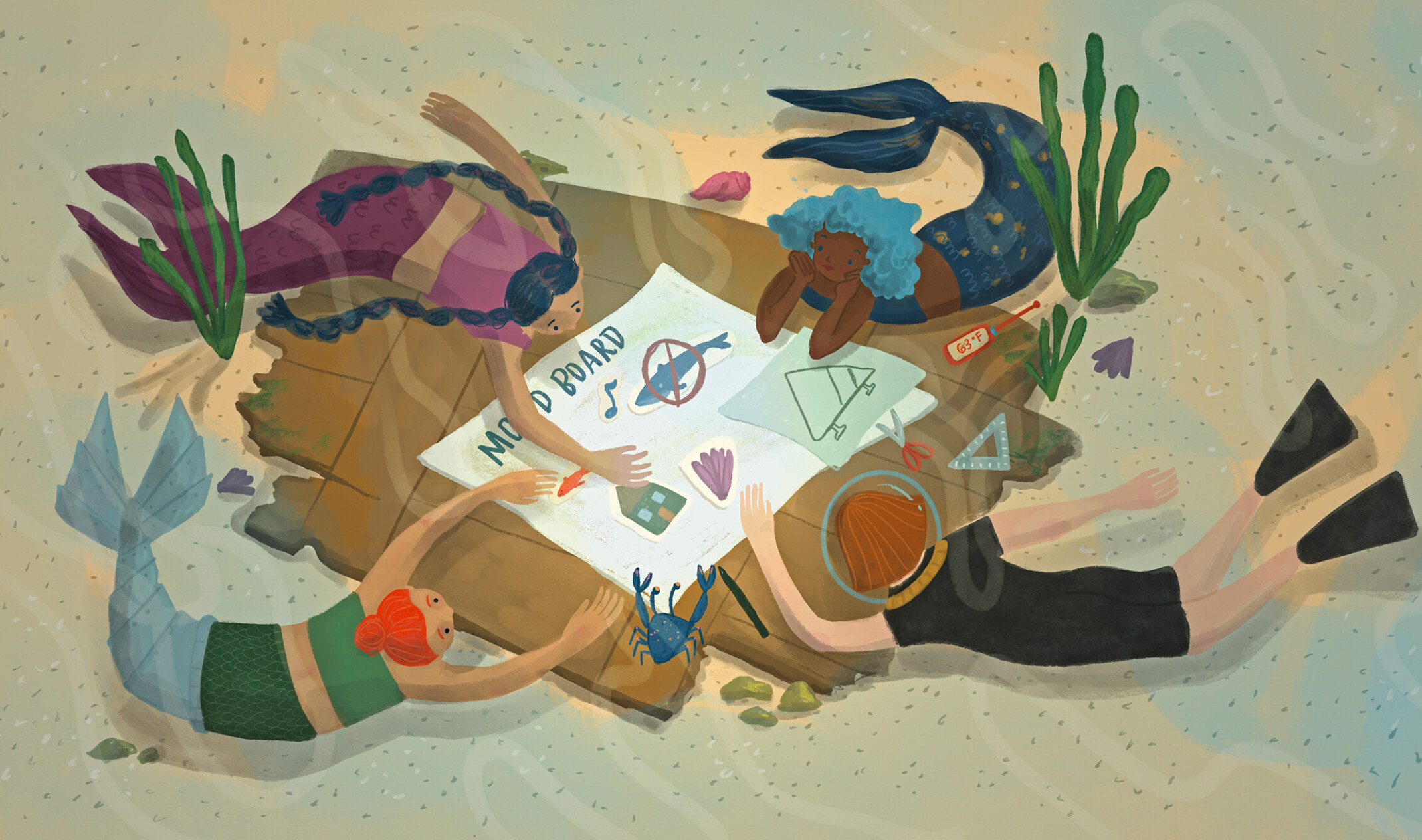 illustration by Mika Rane showing mermaids and a scuba diver collaborating around a vision board to develop design plans