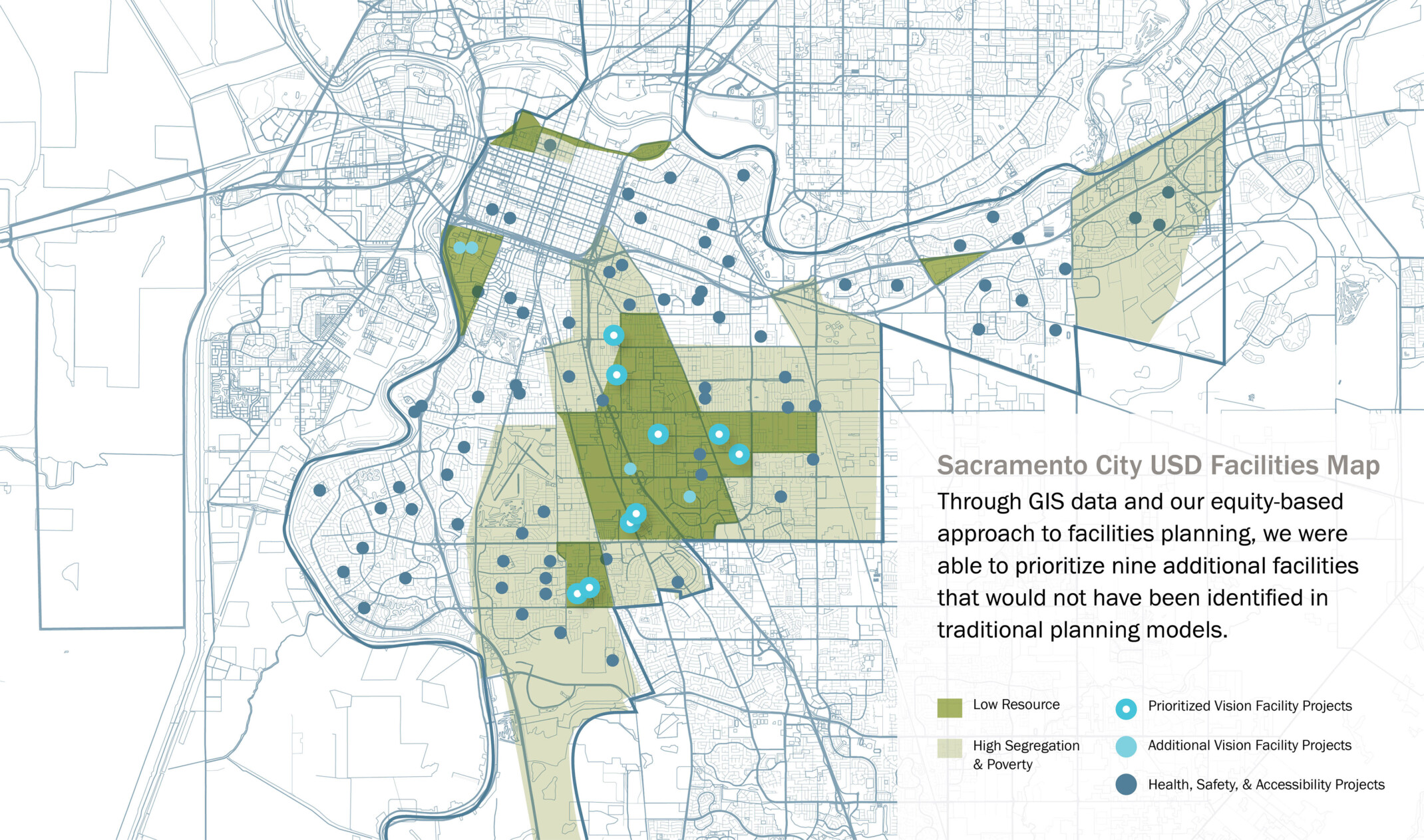 map rendering of Sacramento City Unified School District equity master plan; A new plan for schools in Sacramento focusing on equity in sacramento schools district