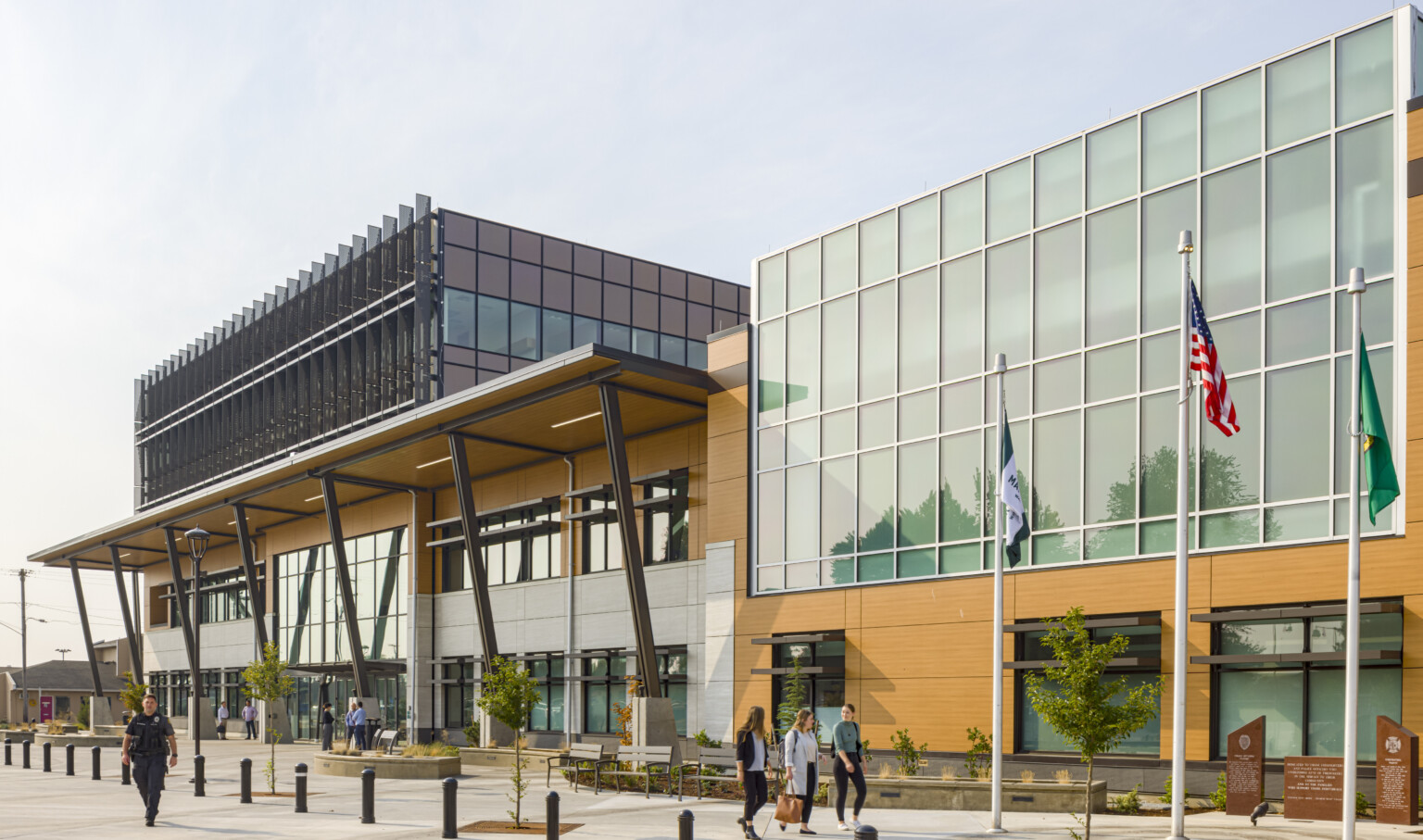 Exterior of Marysville Civic Center in Washington. A multistory building with glass facade
