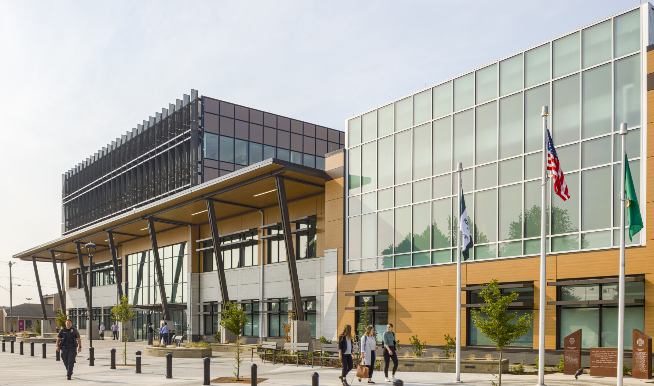 Exterior of Marysville Civic Center in Washington. A multistory building with glass facade