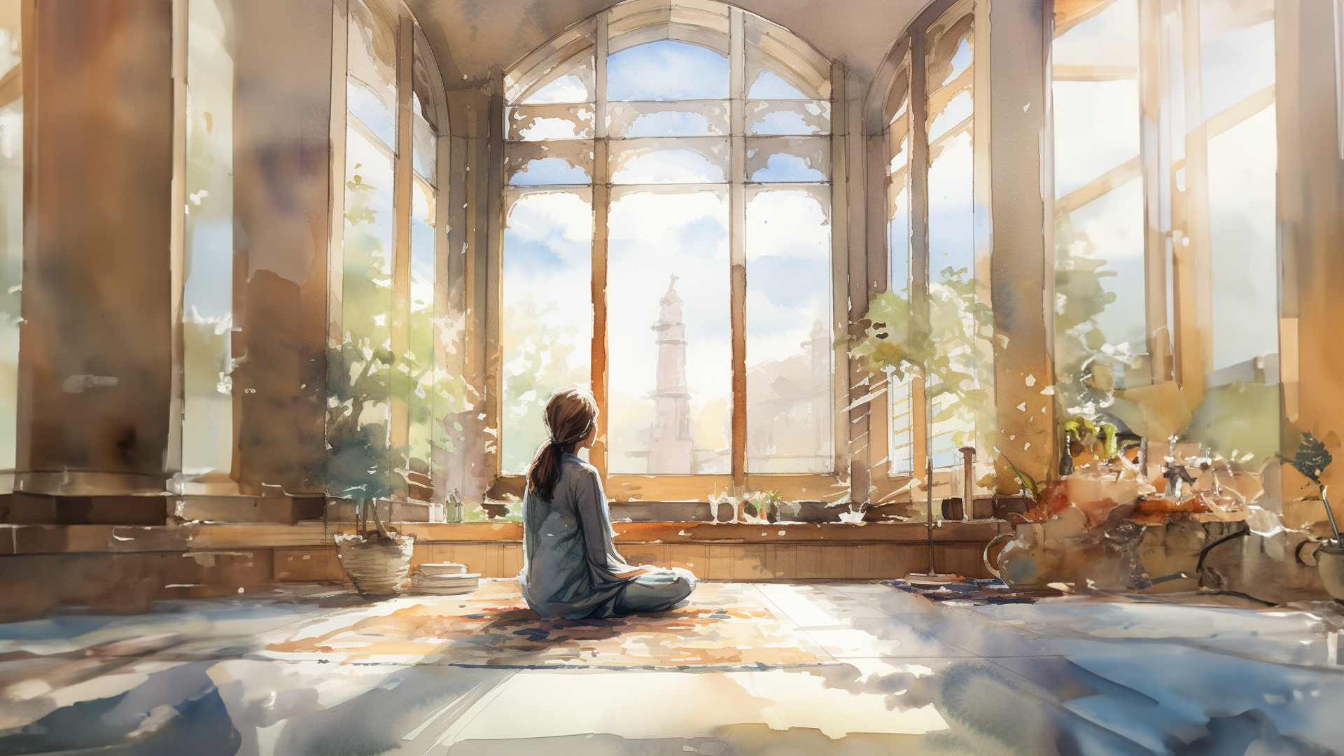 Illustration of woman sitting on ground meditating in space with large windows with a focus on well being in higher education