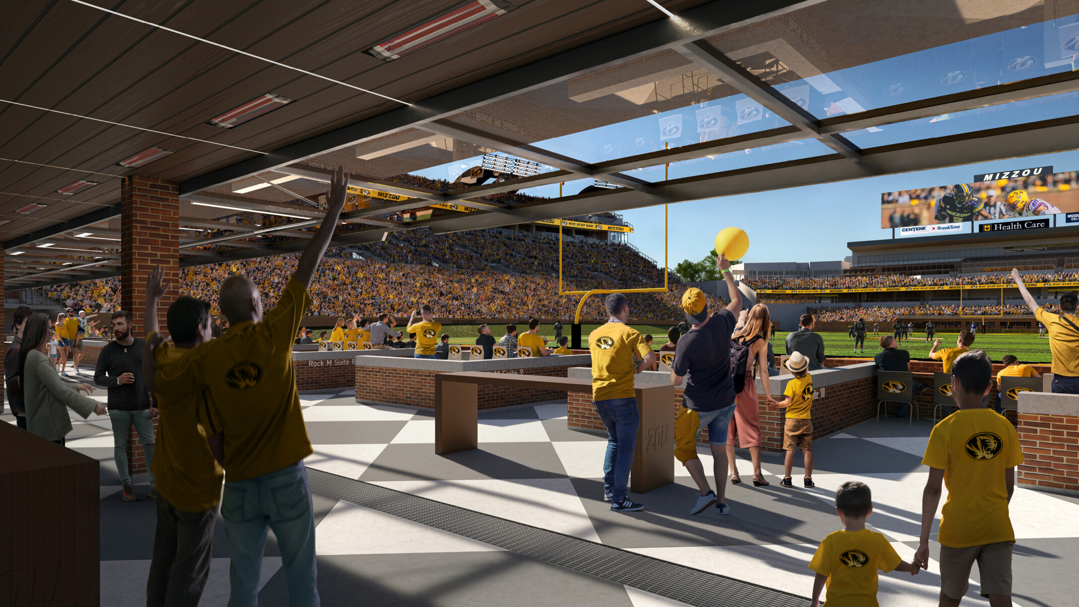 Seating and community space behind goal post of renovated football stadium fans engage with game