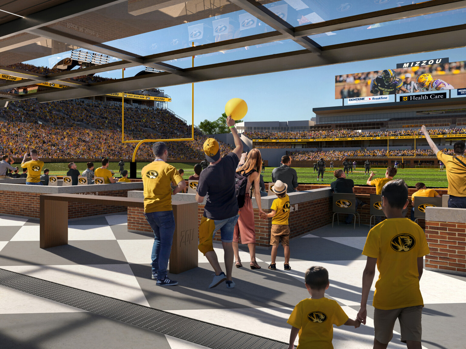 Seating and community space behind goal post of renovated football stadium fans engage with game