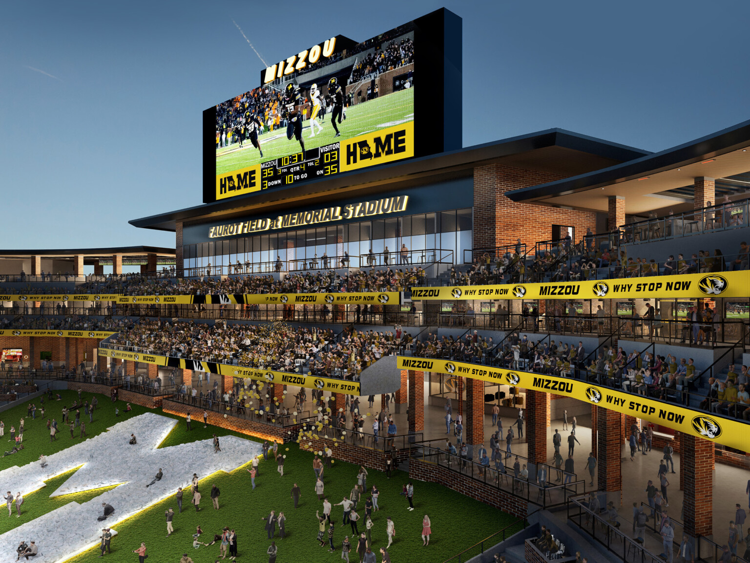 Large jumbotron score board over box and stadium seating at north end of Mizzou Memorial Stadium, grass seating with white M logo