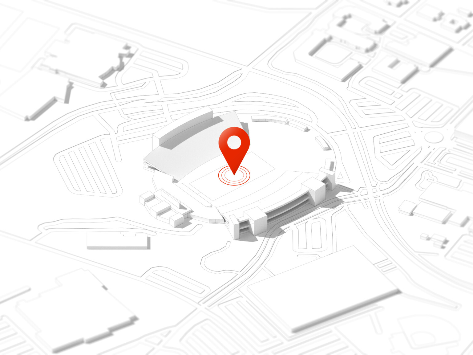Grey line sketch of a stadium with red circles and a red pinpoint location