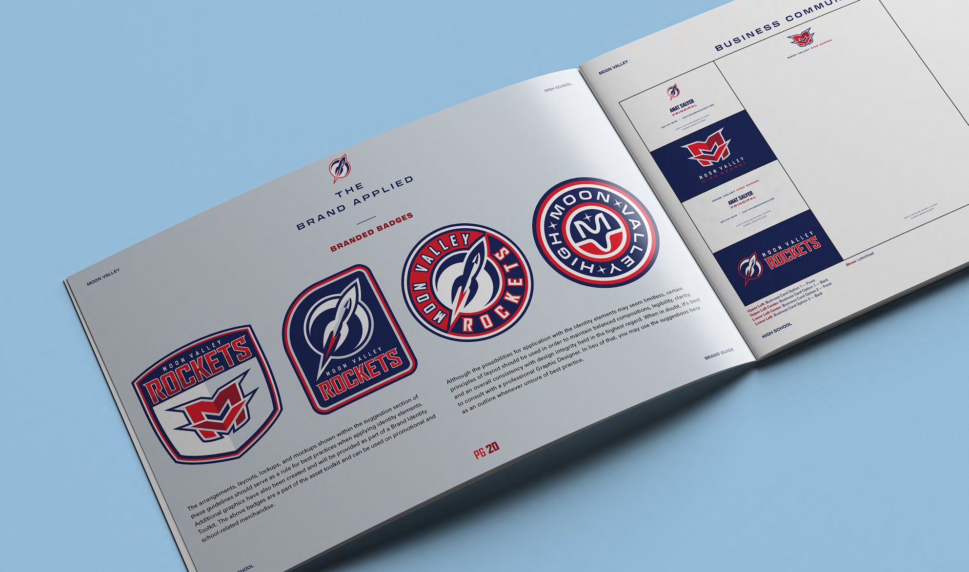Brand book for the Moon Valley Rockets, in Arizona. Two page spread of logo treatments and color palettes