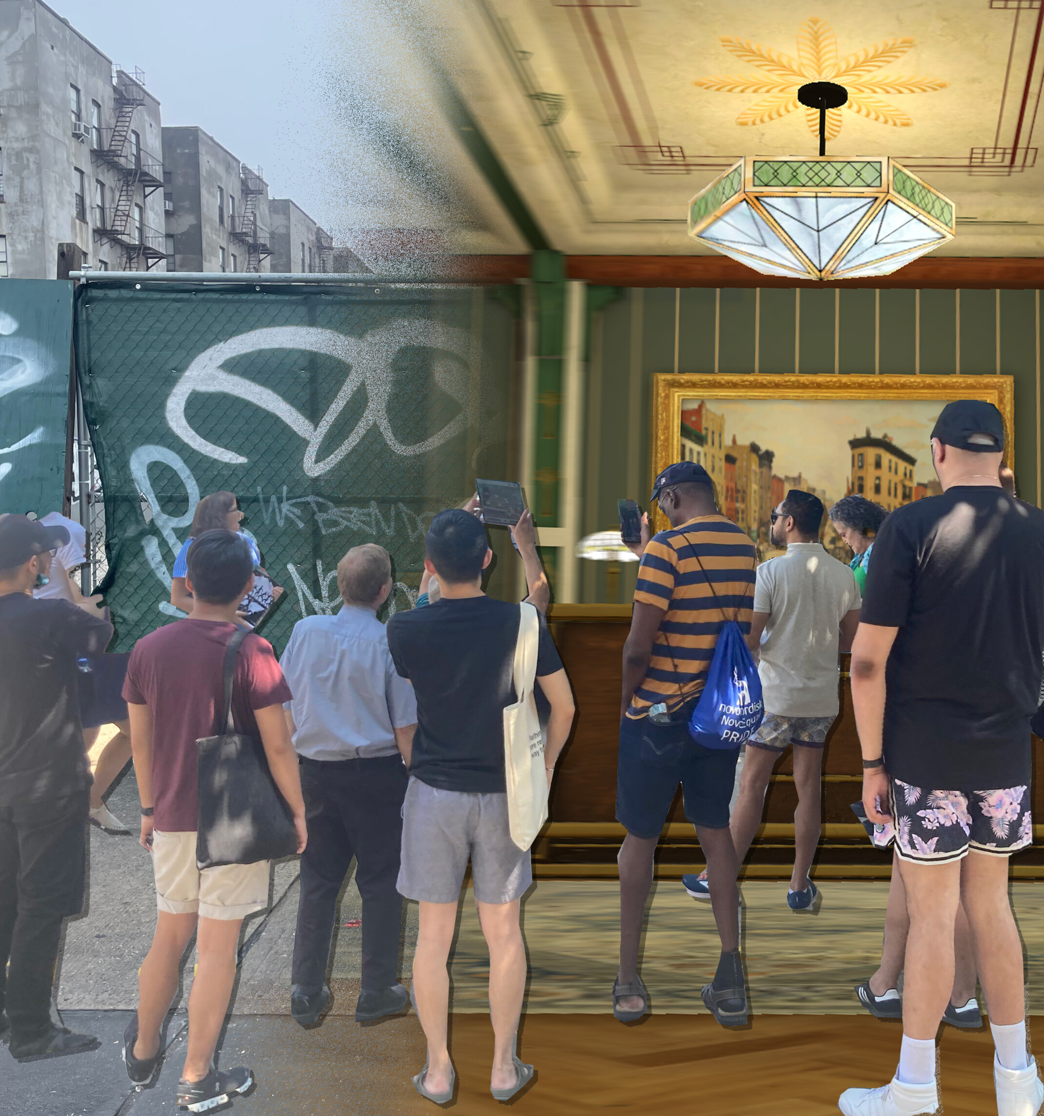 Crowd of people standing in front of a mash up of an old building facade and a fence with green and white graffiti