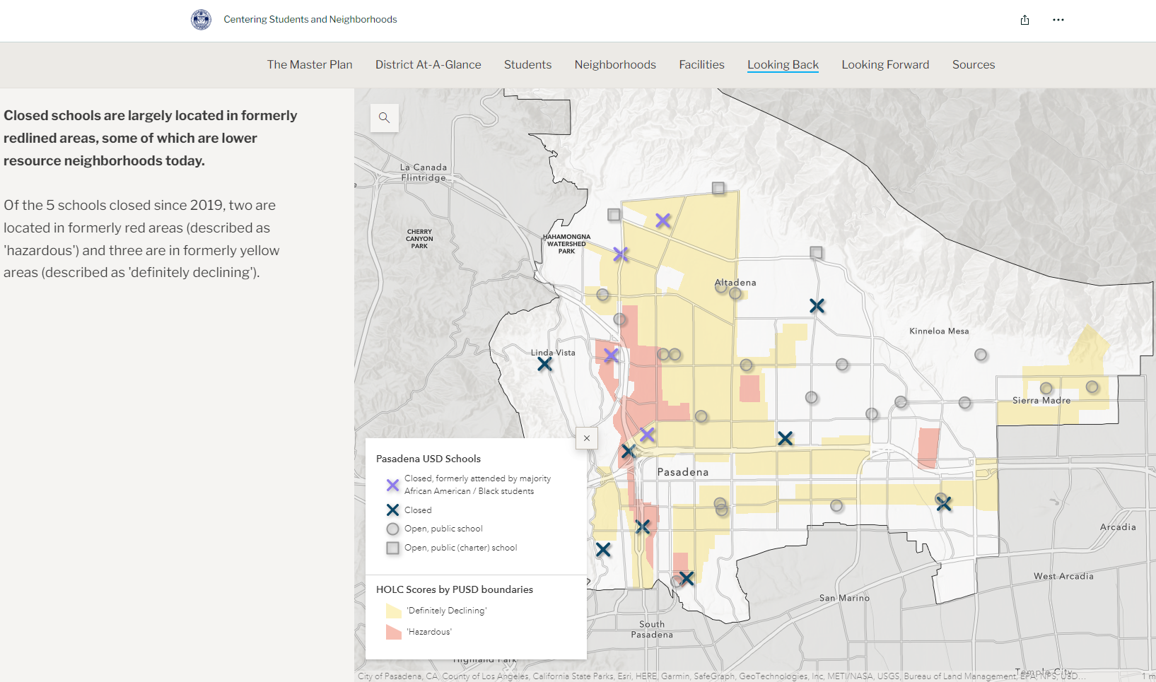 Map showing the relationship between previously redlined areas and economic and educational opportunities today for Pasadena USD