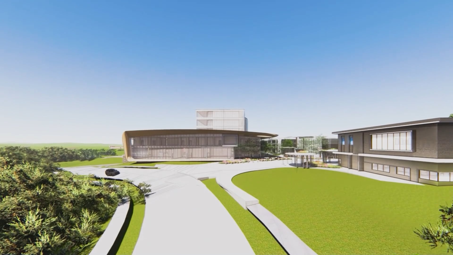 Design concept for a youth treatment facility, large green lawn welcomes people to the low-lying building