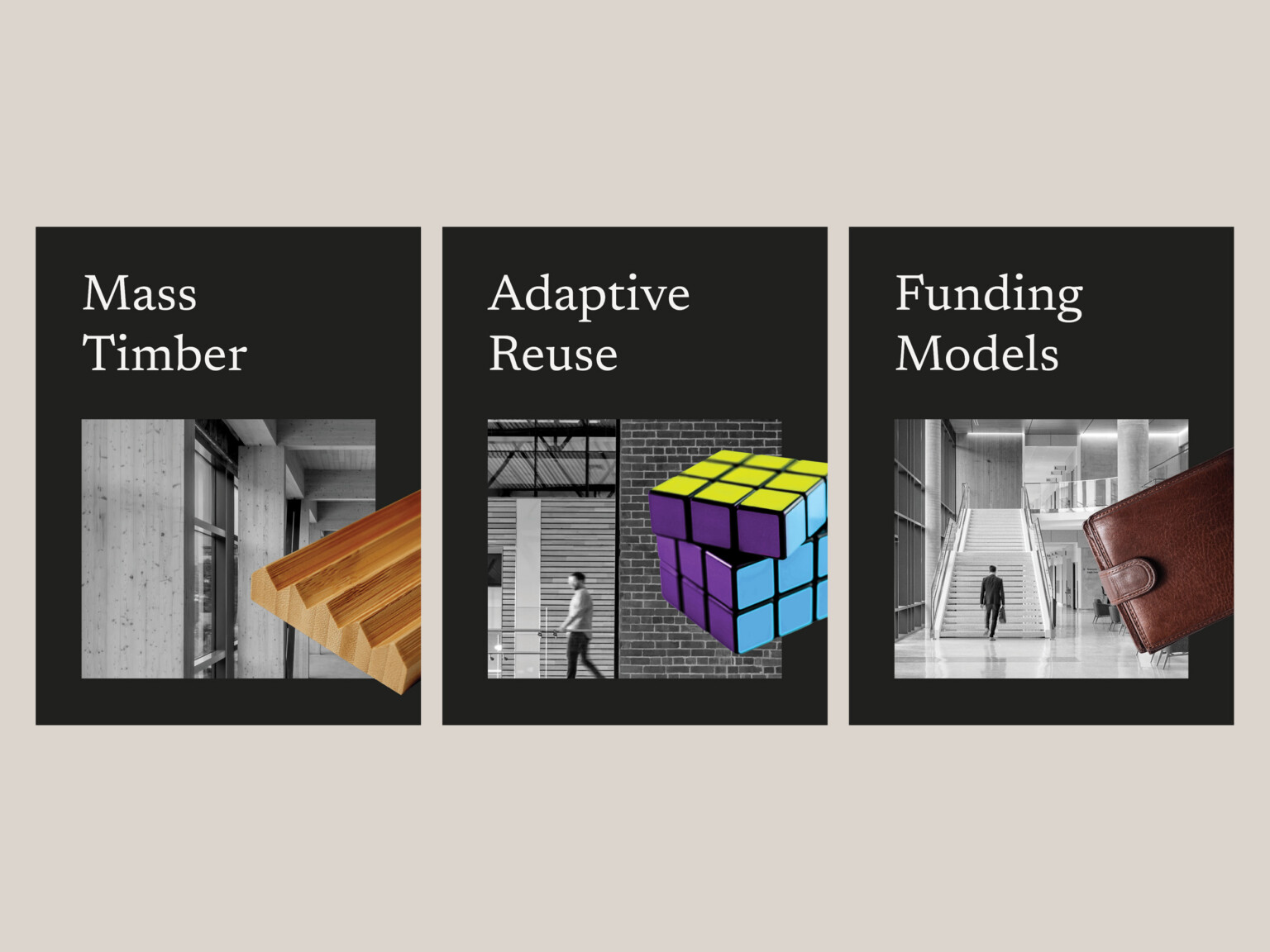 three editorial tiles with "Mass Timber"; "Adaptive reuse"; "Funding models"