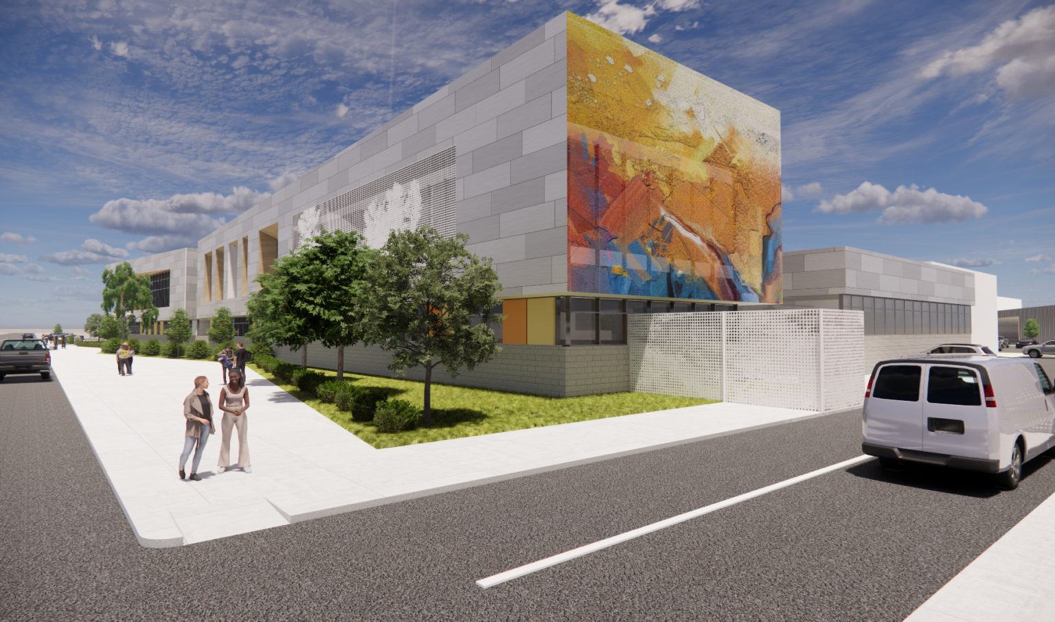 Rendering of a high school showing a modern multistory building with a colorful mural on the side