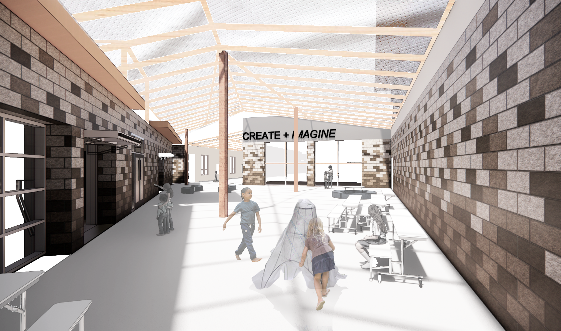 Rendering of a STEM Learning Courtyard for the ASHRAE LowDown Showdown Competition for high performance design school