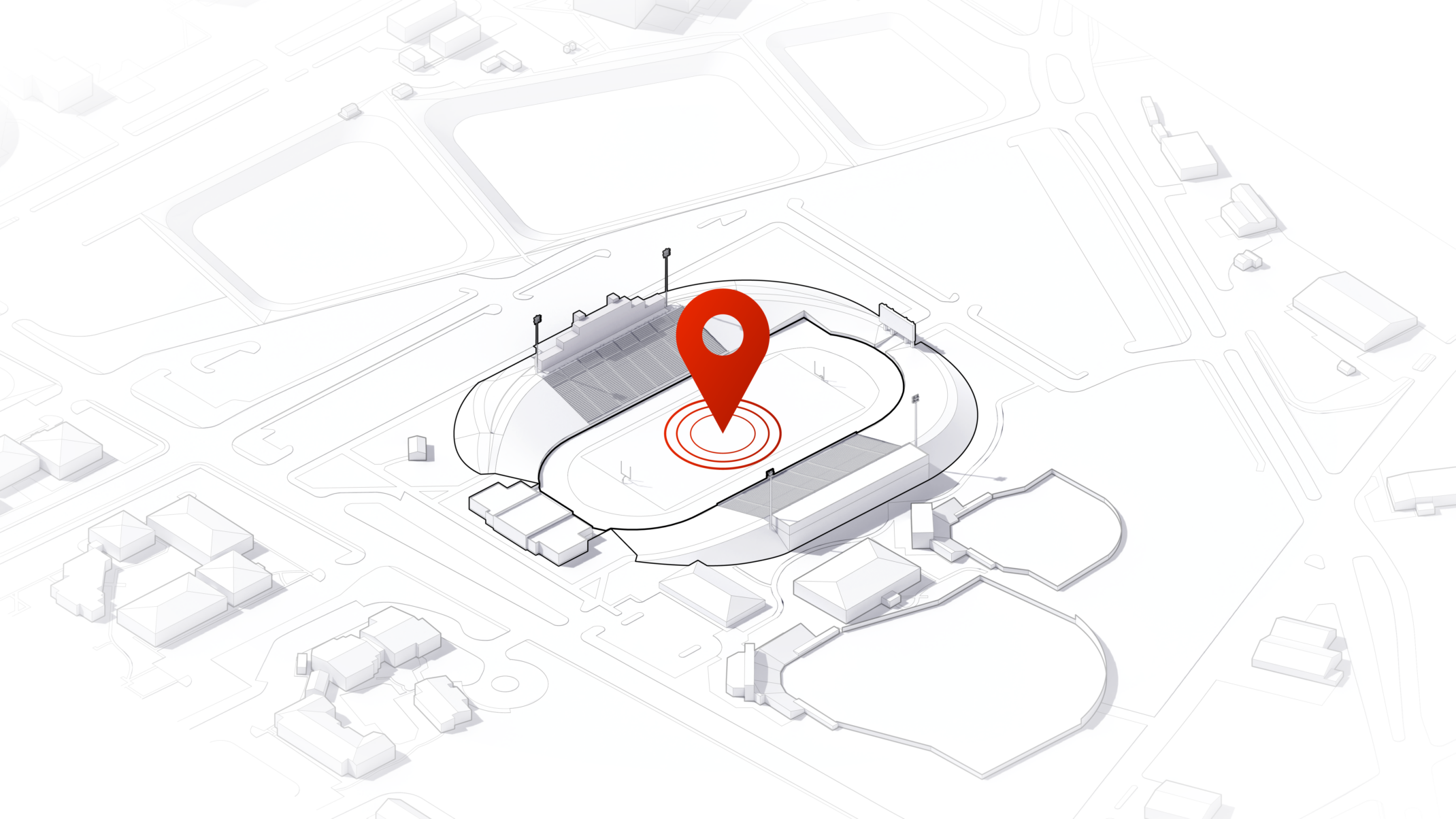 Grey and white sketch of a university football stadium with a red location pointer in the middle of the field