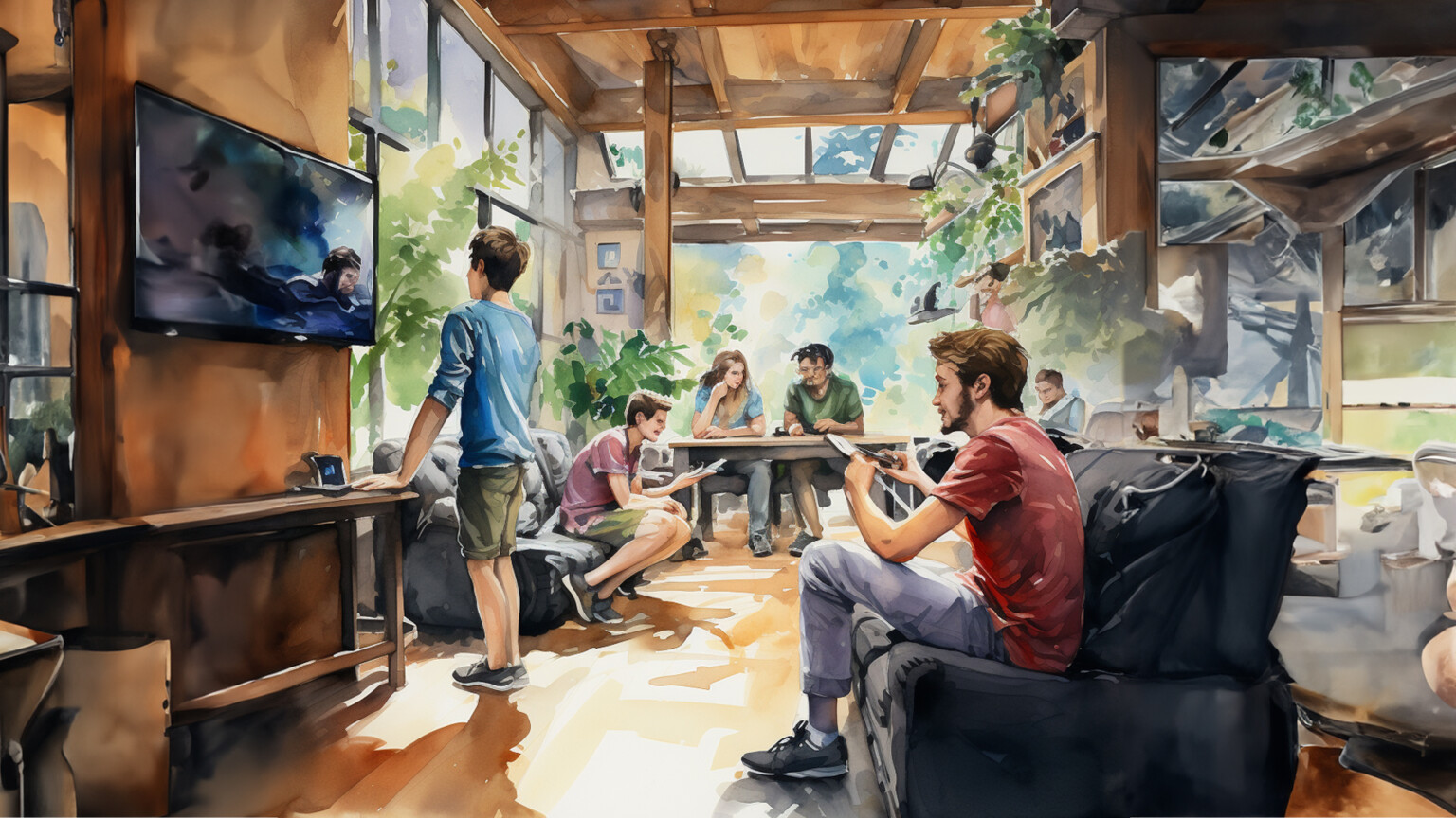 AI generated image of teens gathered in a cozy space watching TV, using smartphones, and engaging in conversation.