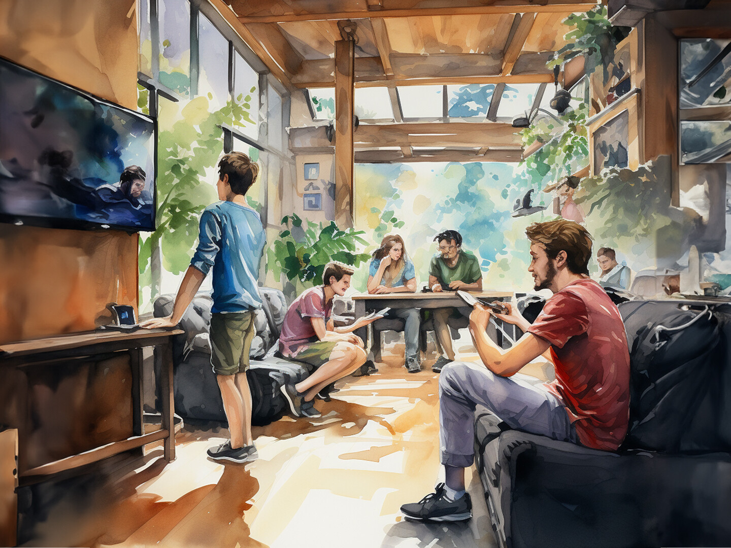 AI generated image of teens gathered in a cozy space watching TV, using smartphones, and engaging in conversation.