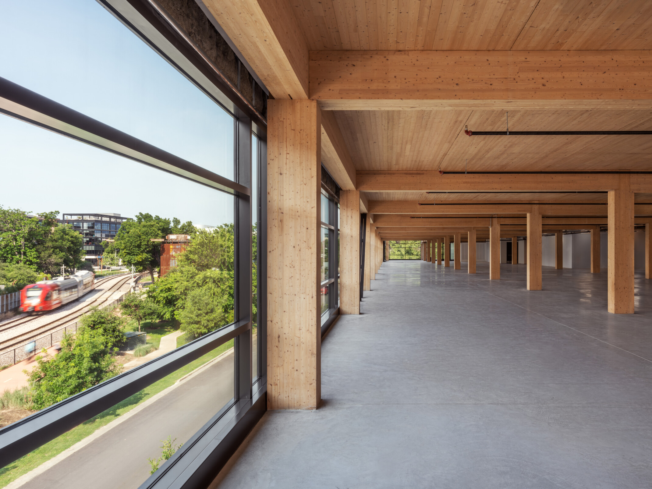 Mass timber open floor plan office space with exposed wood cieling and beams, raw concrete floor, floor to ceiling windows