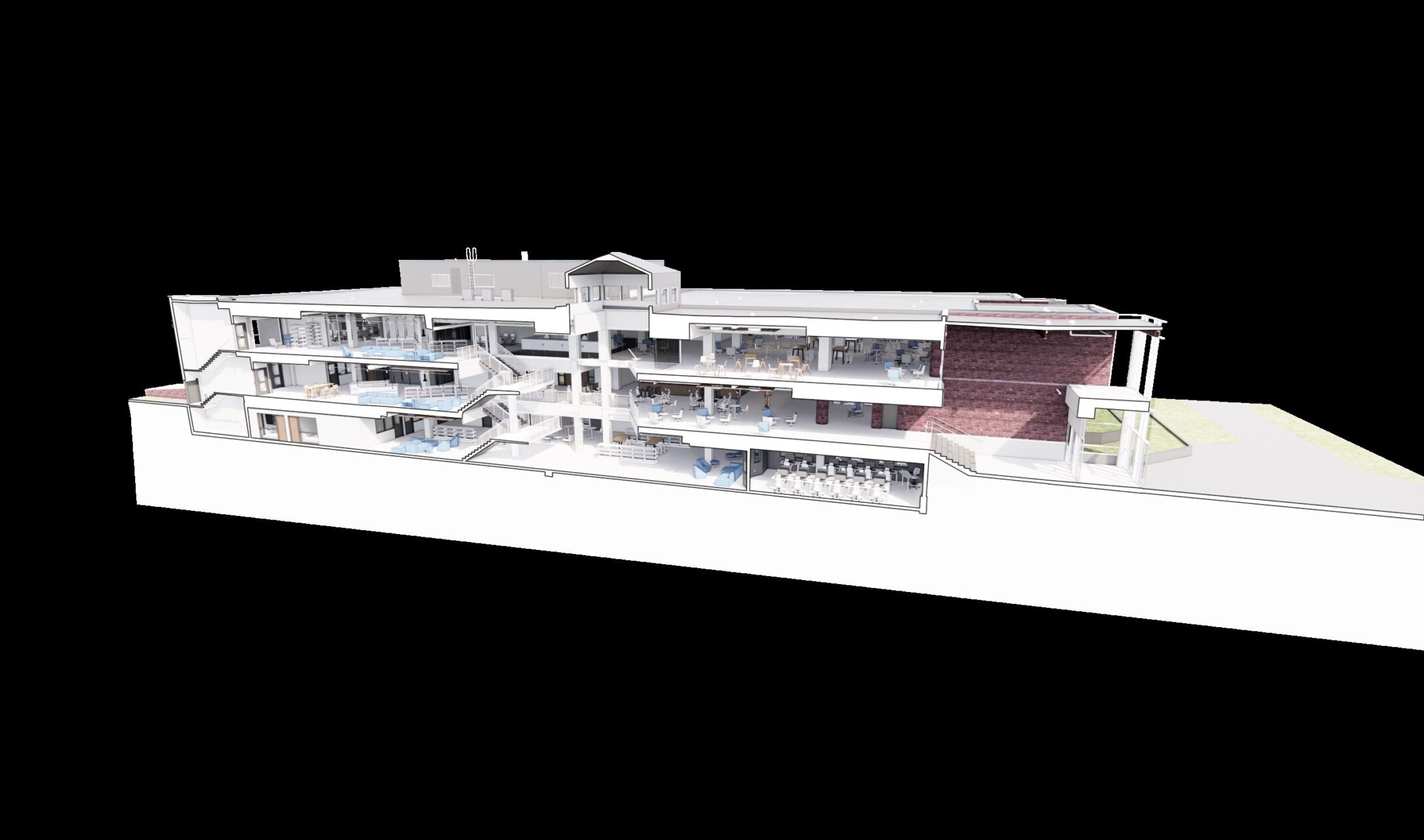 design concept of a three story building section showing different areas in an academic library