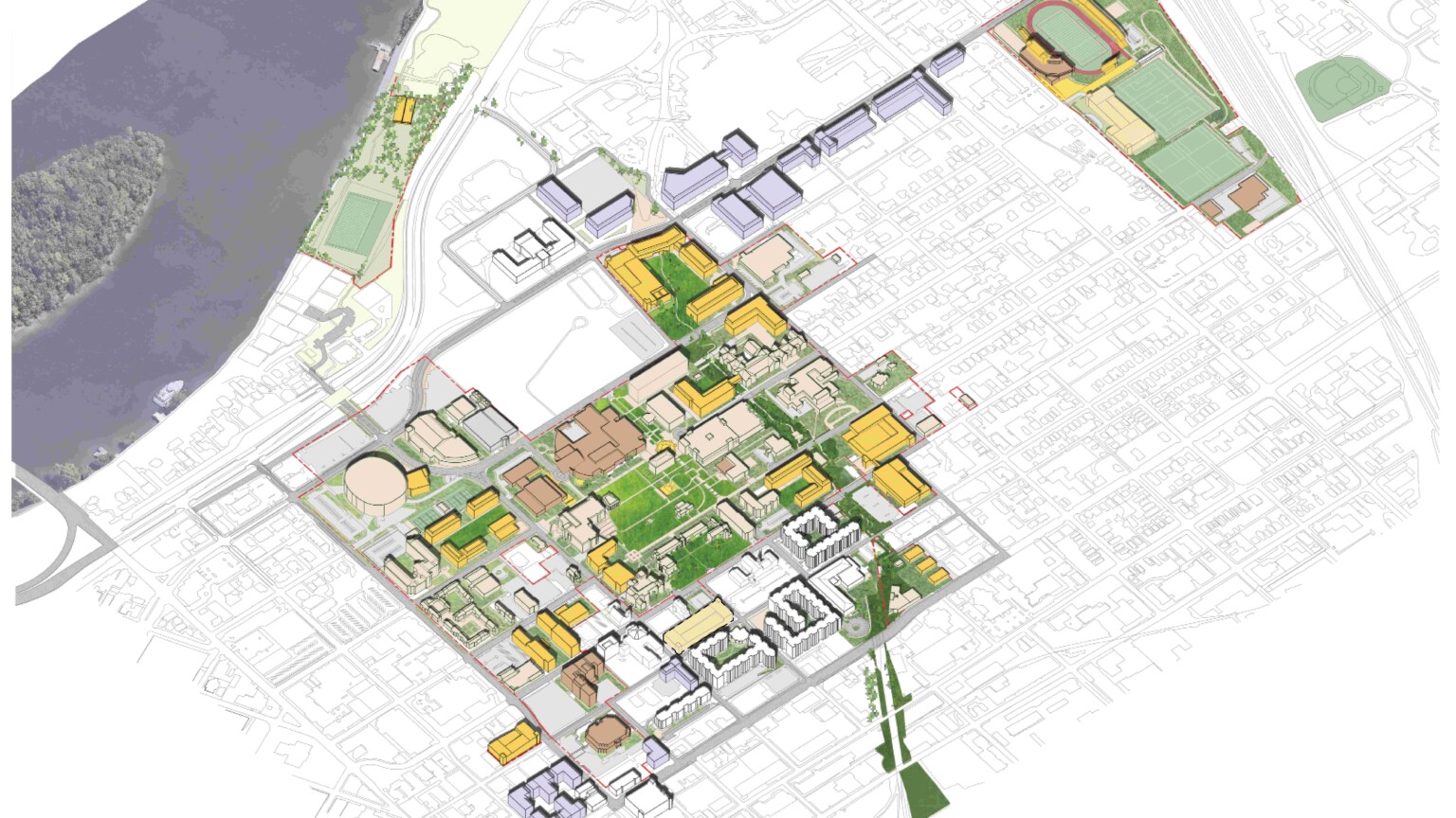 Campus Master Plan for the University of Tennessee Chattanooga showing a map with buildings highlighted in yellow and green
