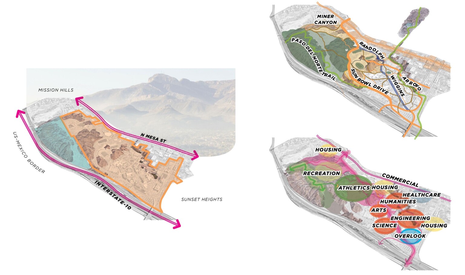 UTEP Campus Master Plan showing layouts of the university with colorful areas highlighted