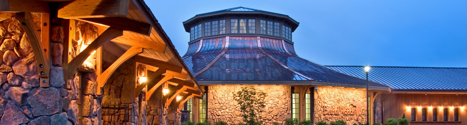 performing arts facility exterior central rounded dome with natural stone detail