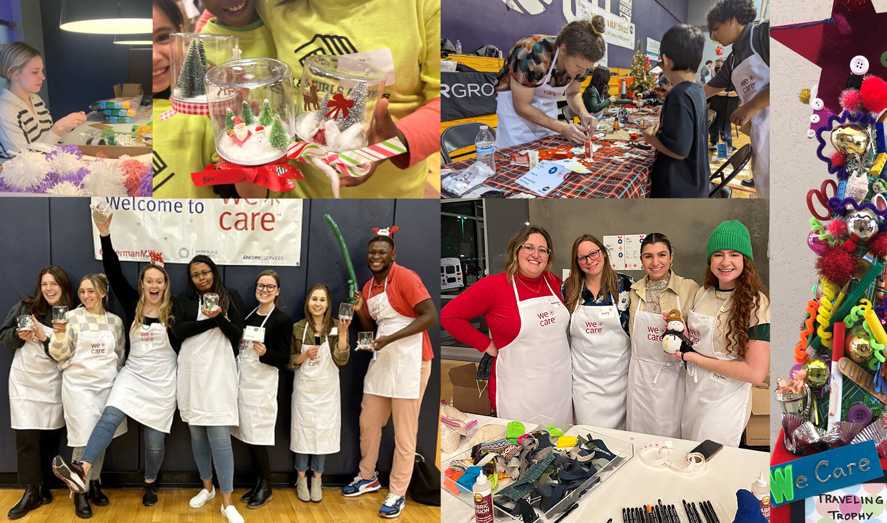 collage of people having fun, kids smiling, crafts, DIY, pom poms, holiday lights