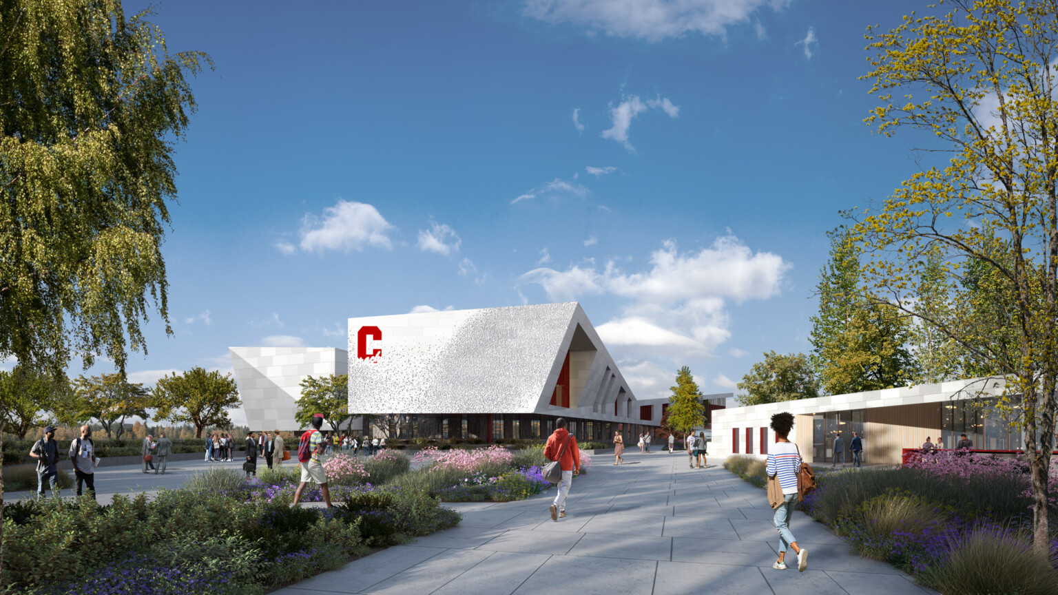 architectural rendering of centennial high school; modern red building with people; courtyard, gathering area, public zone