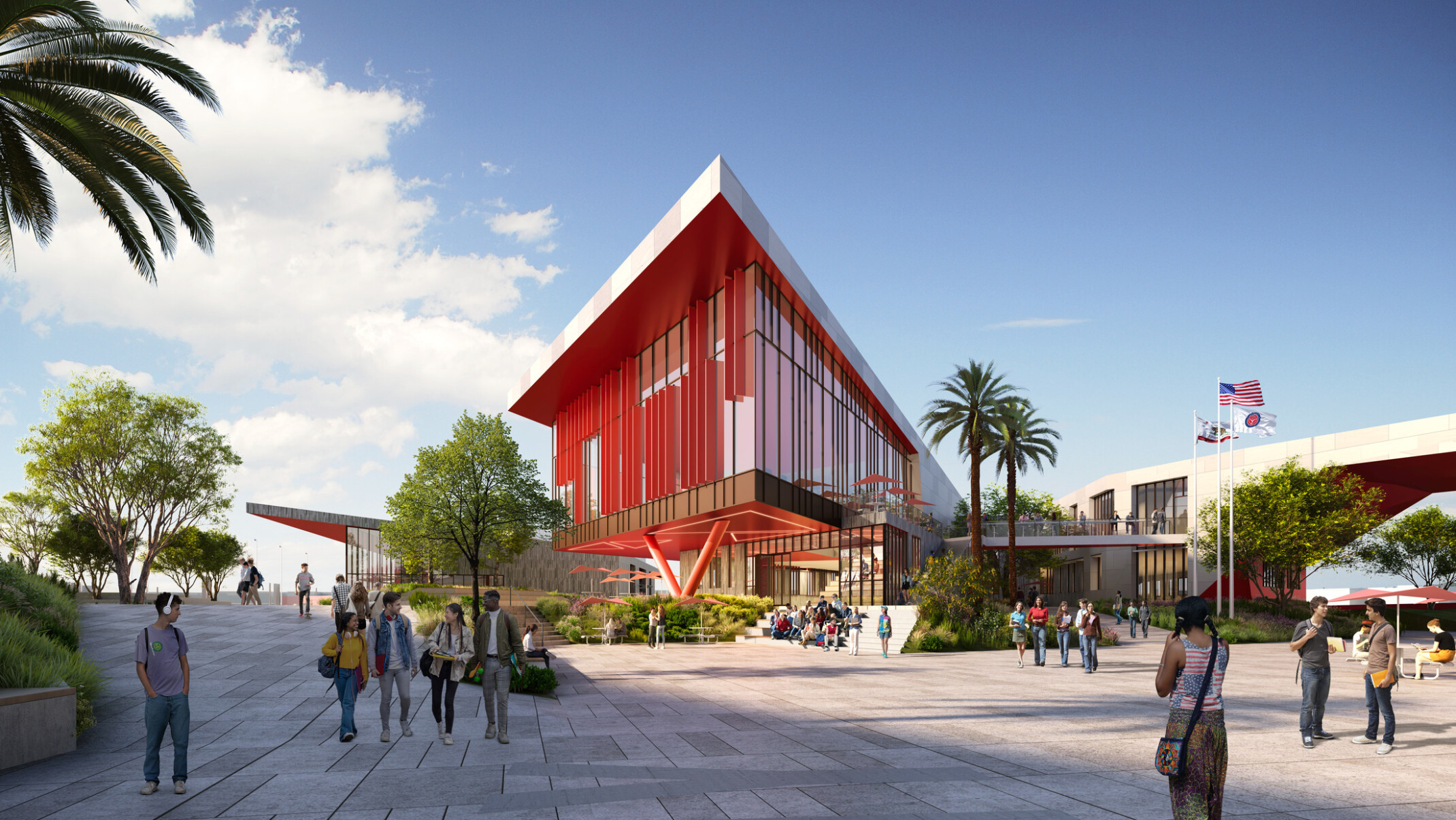 architectural rendering of centennial high school; modern red building with people; courtyard, gathering area, public zone
