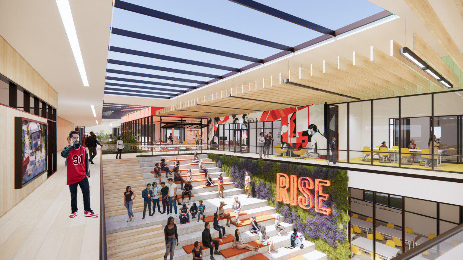 interior architectural rendering of centennial high school; interior atrium gathering area with students on bleacher style stairs in a double height space; colorful and bright interior design