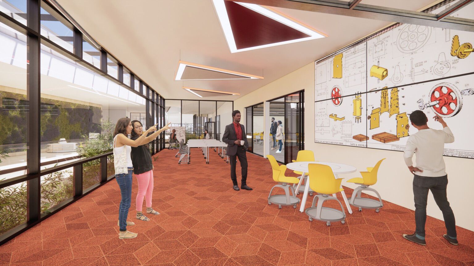 interior rendering of centennial high school; modern bright interior classroom with varied seating; and people collaborating on school work