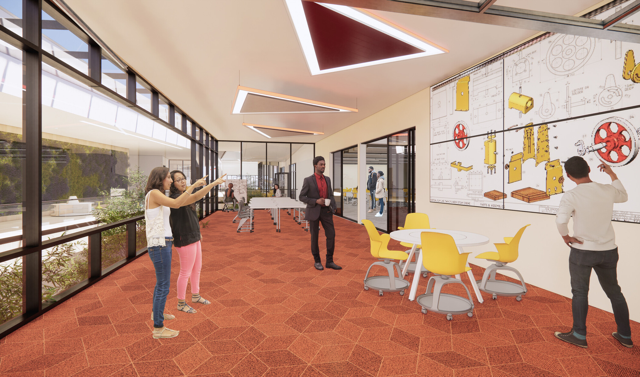 interior rendering of centennial high school; modern bright interior classroom with varied seating; and people collaborating on school work