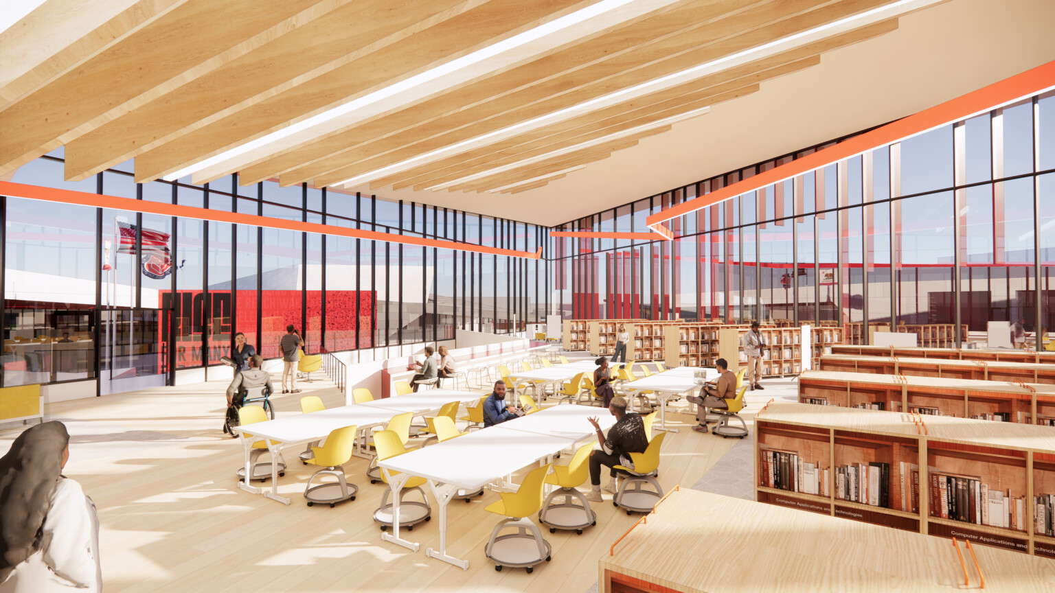 interior rendering of centennial high school; modern bright interior library with book shelves; modern red building with people; gathering area, public zone