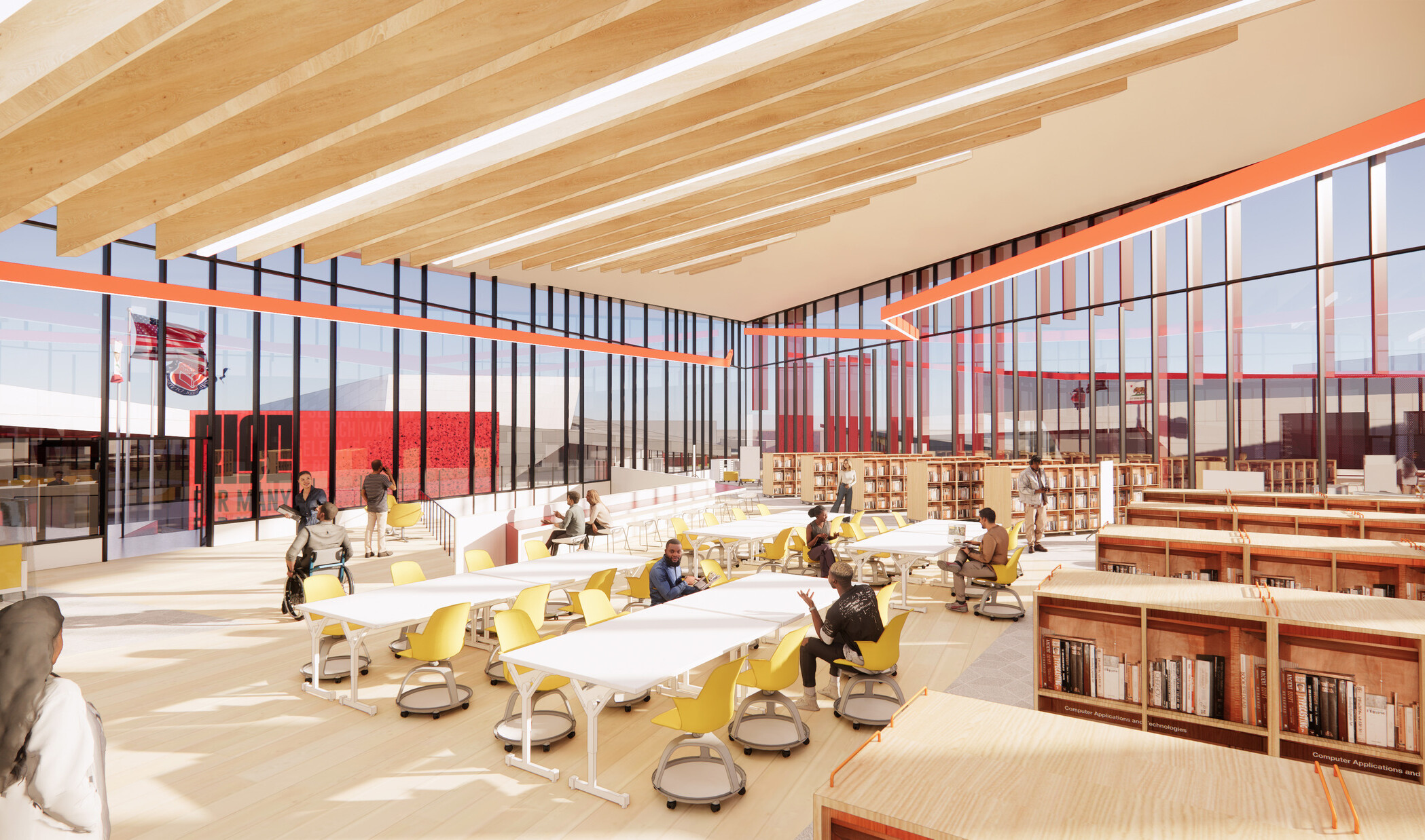 interior rendering of centennial high school; modern bright interior library with book shelves; modern red building with people; gathering area, public zone