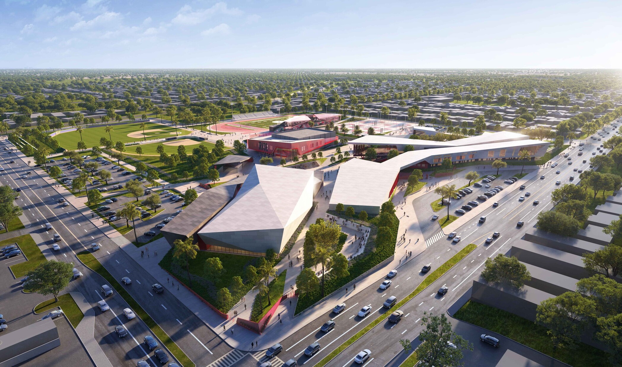 architectural rendering of centennial high school; aerial view of a modern white asymmetrical building
