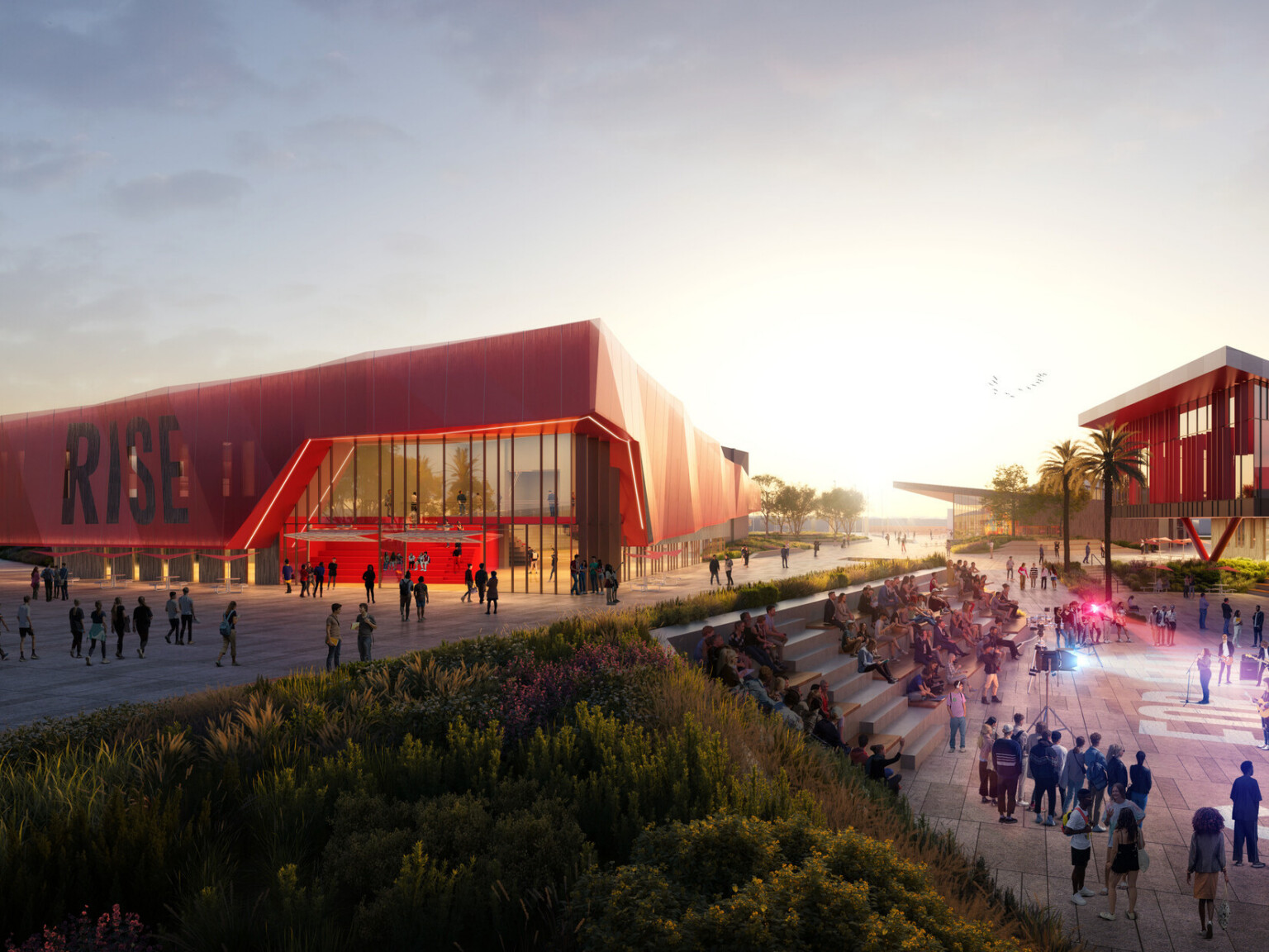 architectural rendering of centennial high school; modern red building with people; courtyard, gathering area, public zone