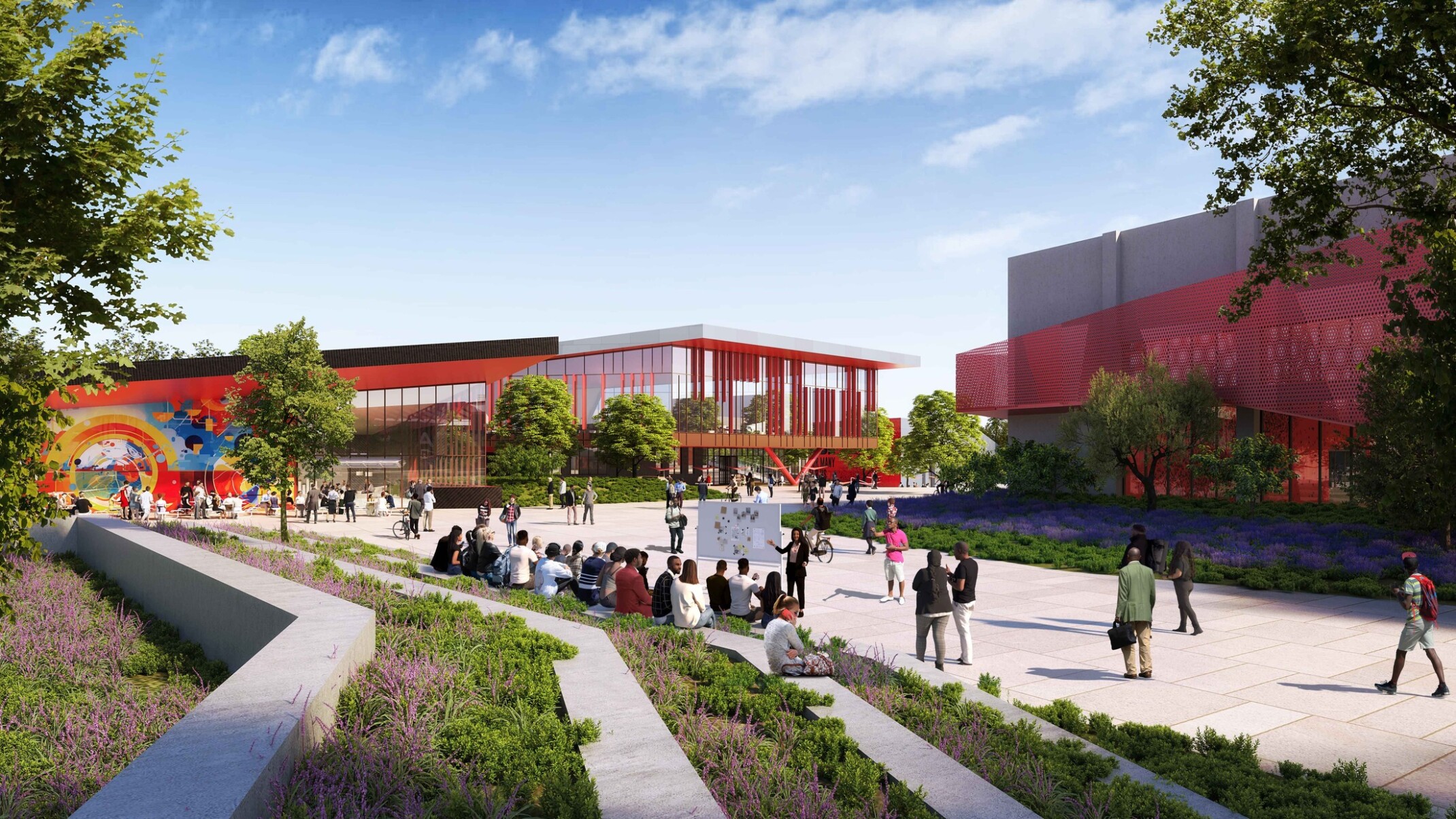 architectural rendering of centennial high school; modern red building with people; courtyard, gathering area, public zone