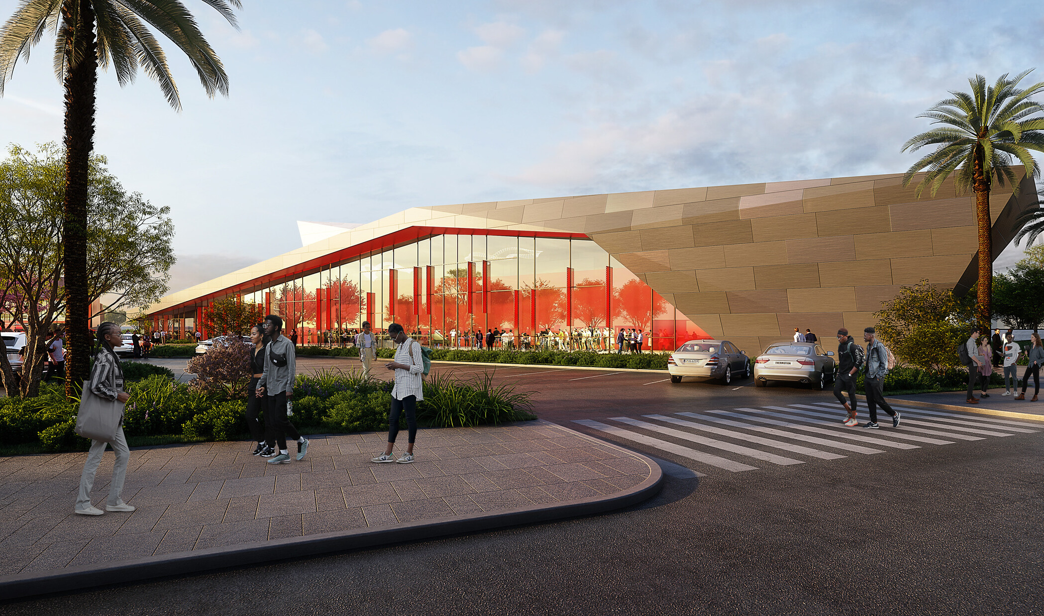 architectural rendering of centennial high school; modern red building with people; courtyard, gathering area, public zone
